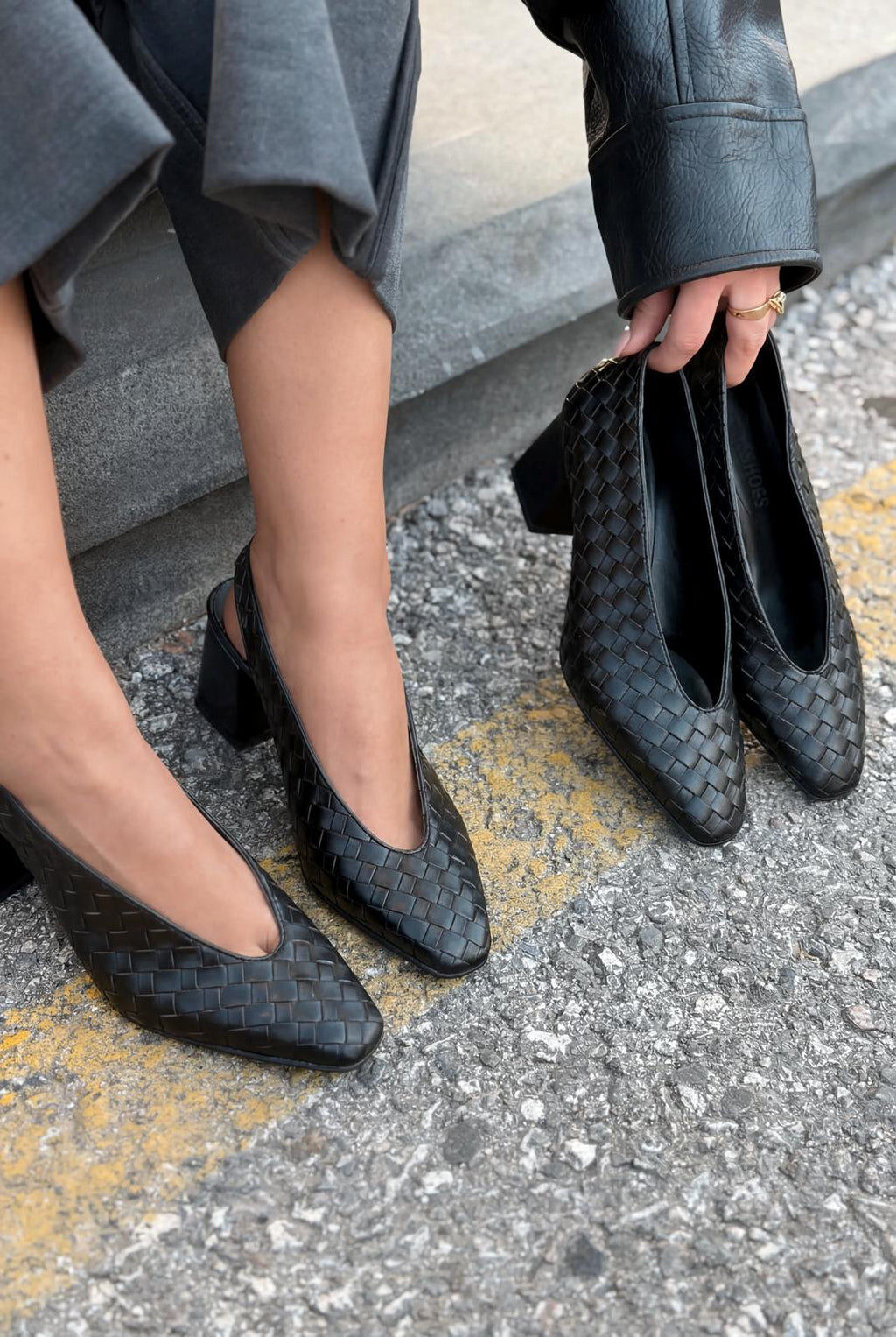Torben Black Faux Leather Woven Women's Pumps