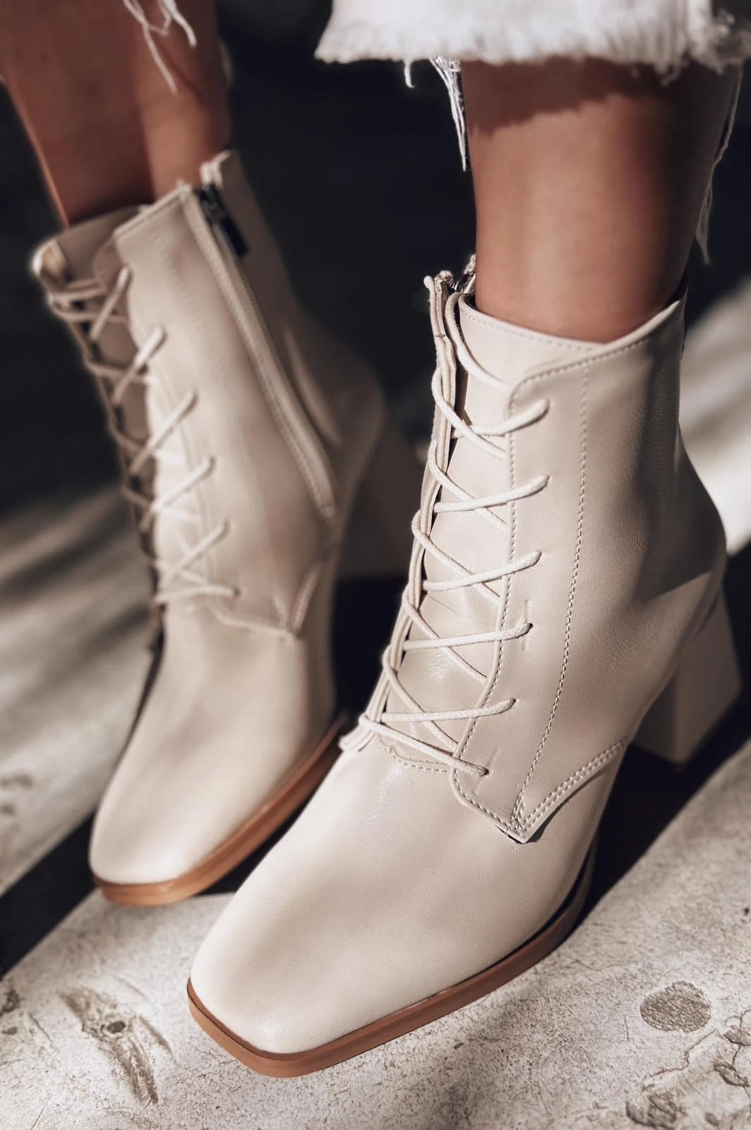 Rament Beige Faux Leather Lace-Up Women's Boots