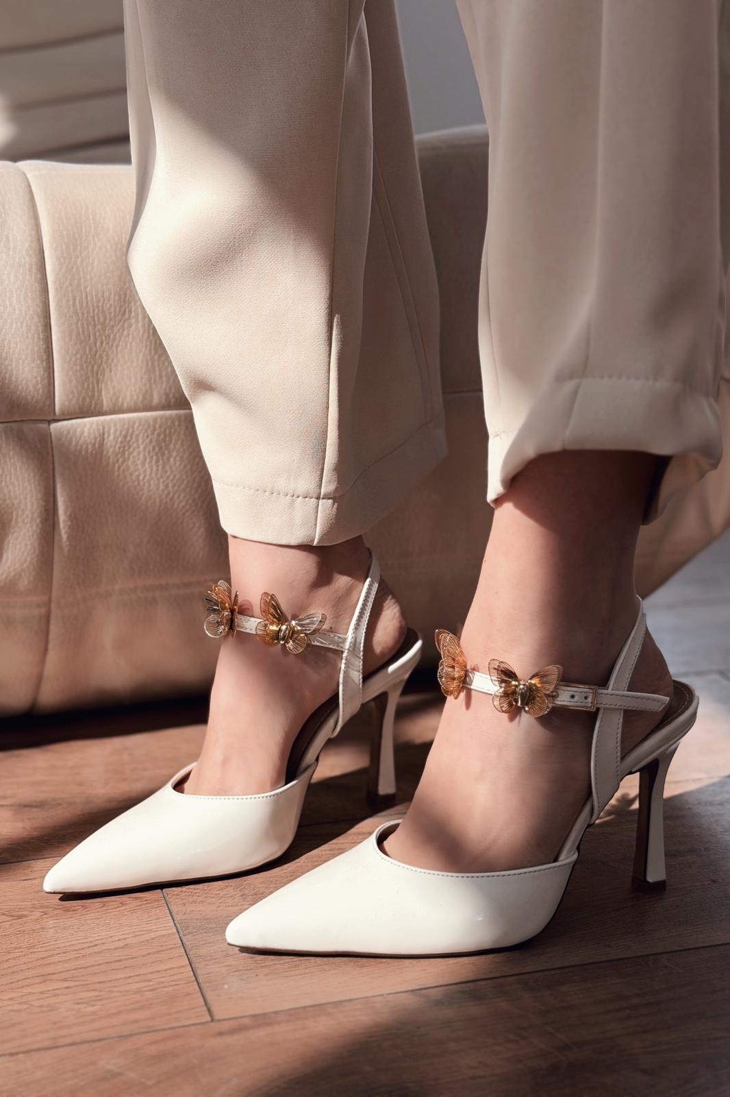 Senar White Patent Faux Leather Women's Stilettos Butterfly Detail
