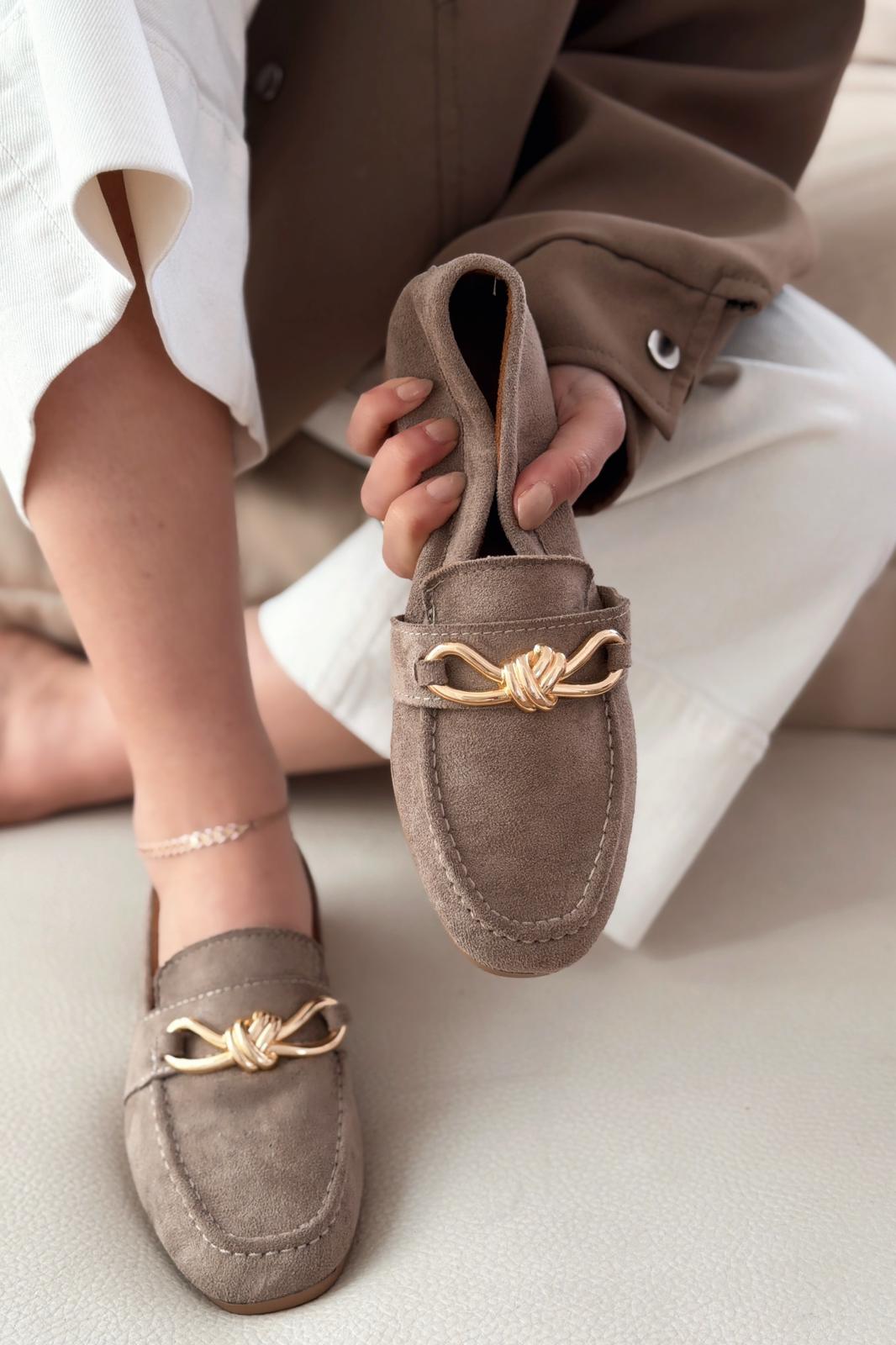 Avelis Taupe Suede Bow Detail Women's Loafers