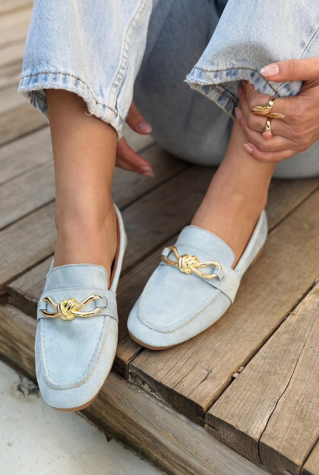 Avelis Baby Blue Suede Bow Detail Women's Loafers