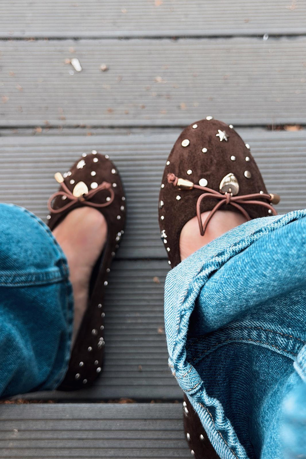 Vessa Dark Brown Genuine Suede Studded Women's Flats