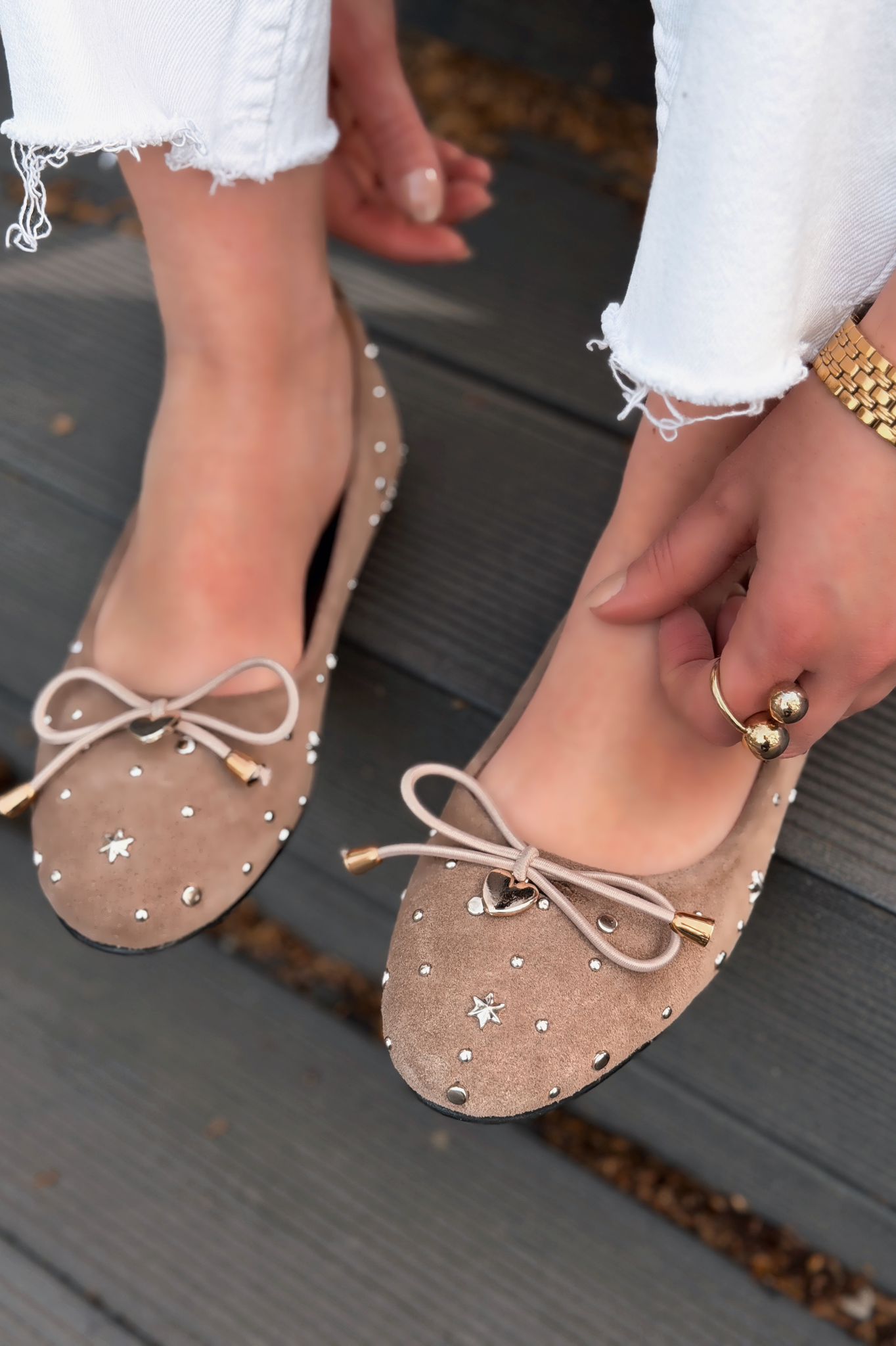 Vessa Taupe Genuine Suede Studded Women's Flats