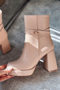 Xeniar Beige Faux Leather Platform Pumps with Zipper & Buckle Women's Boots