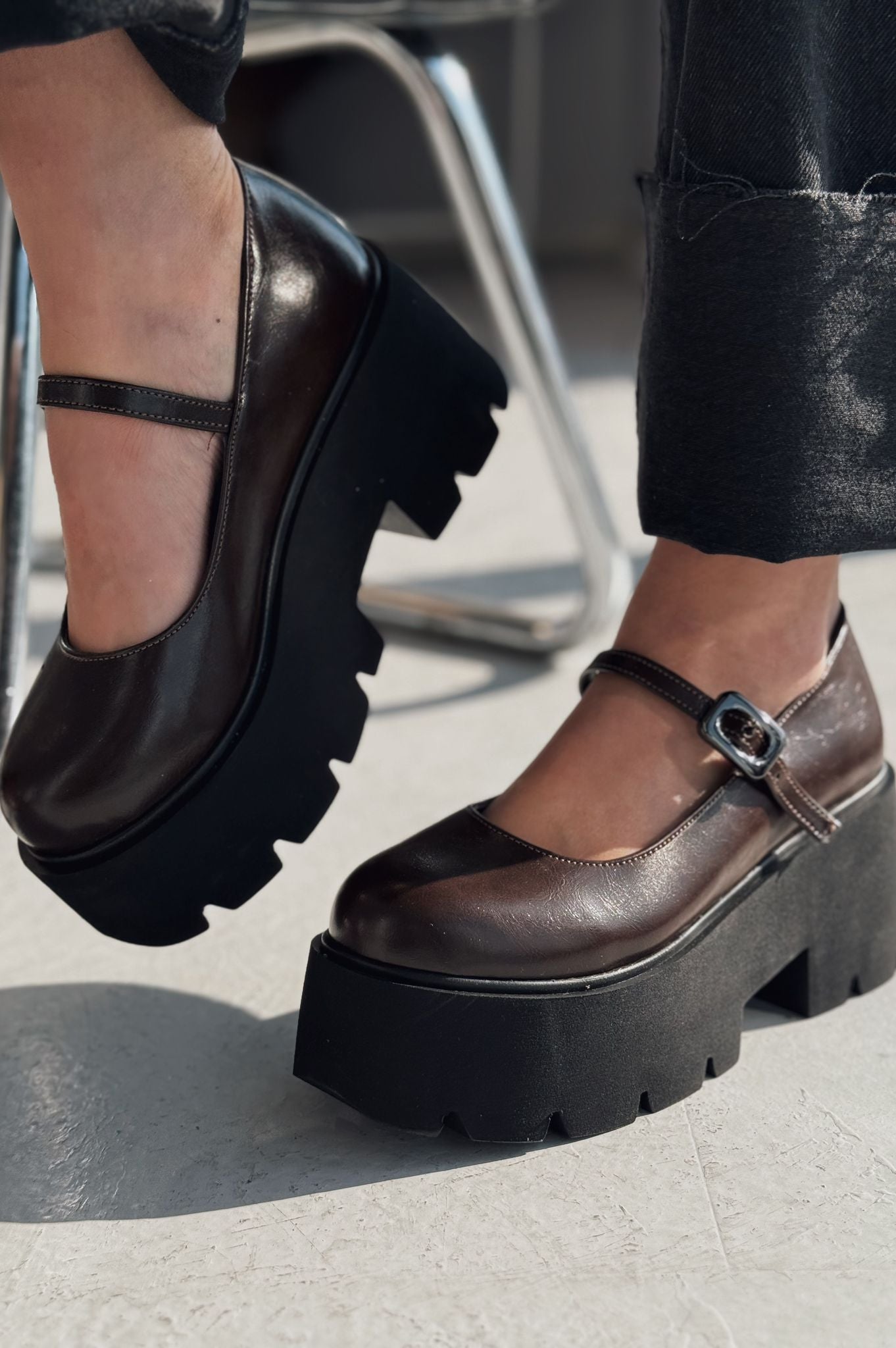 Tinos Dark Brown Faux Leather Platform Women's Mary Jane