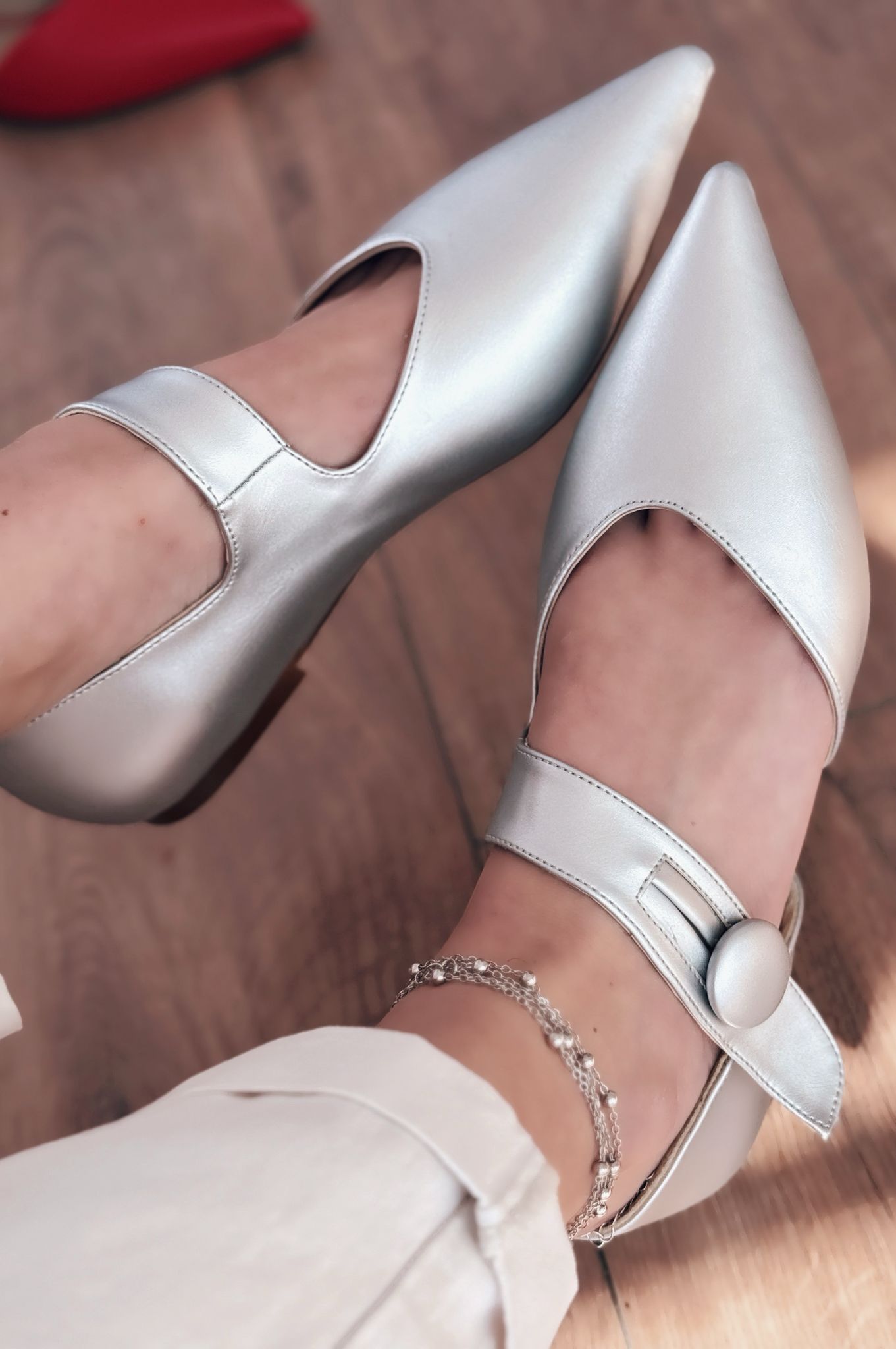 Peronsa Silver Faux Leather Button Detail Women's Flats