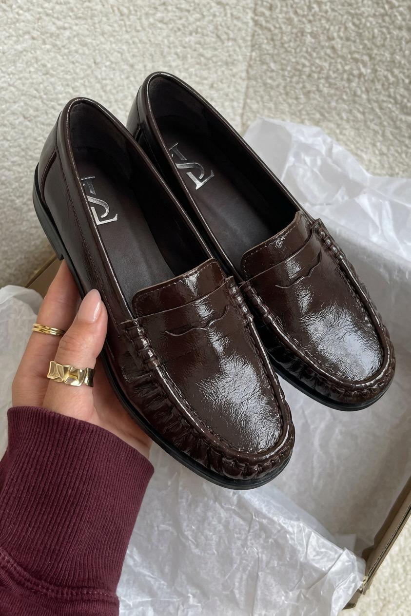 Marcel Dark Brown Crinkled Patent Faux Leather Women's Loafers