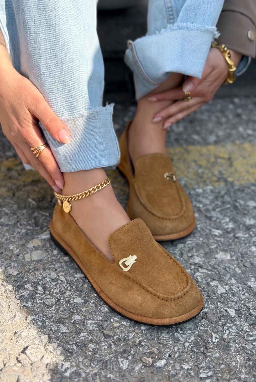 Rasen Tan Genuine Suede Women's Loafers