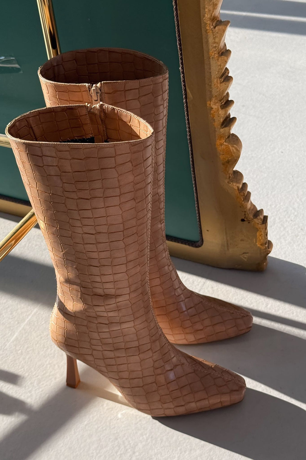 Jorani Nude Faux Leather Embossed High Heel Boots