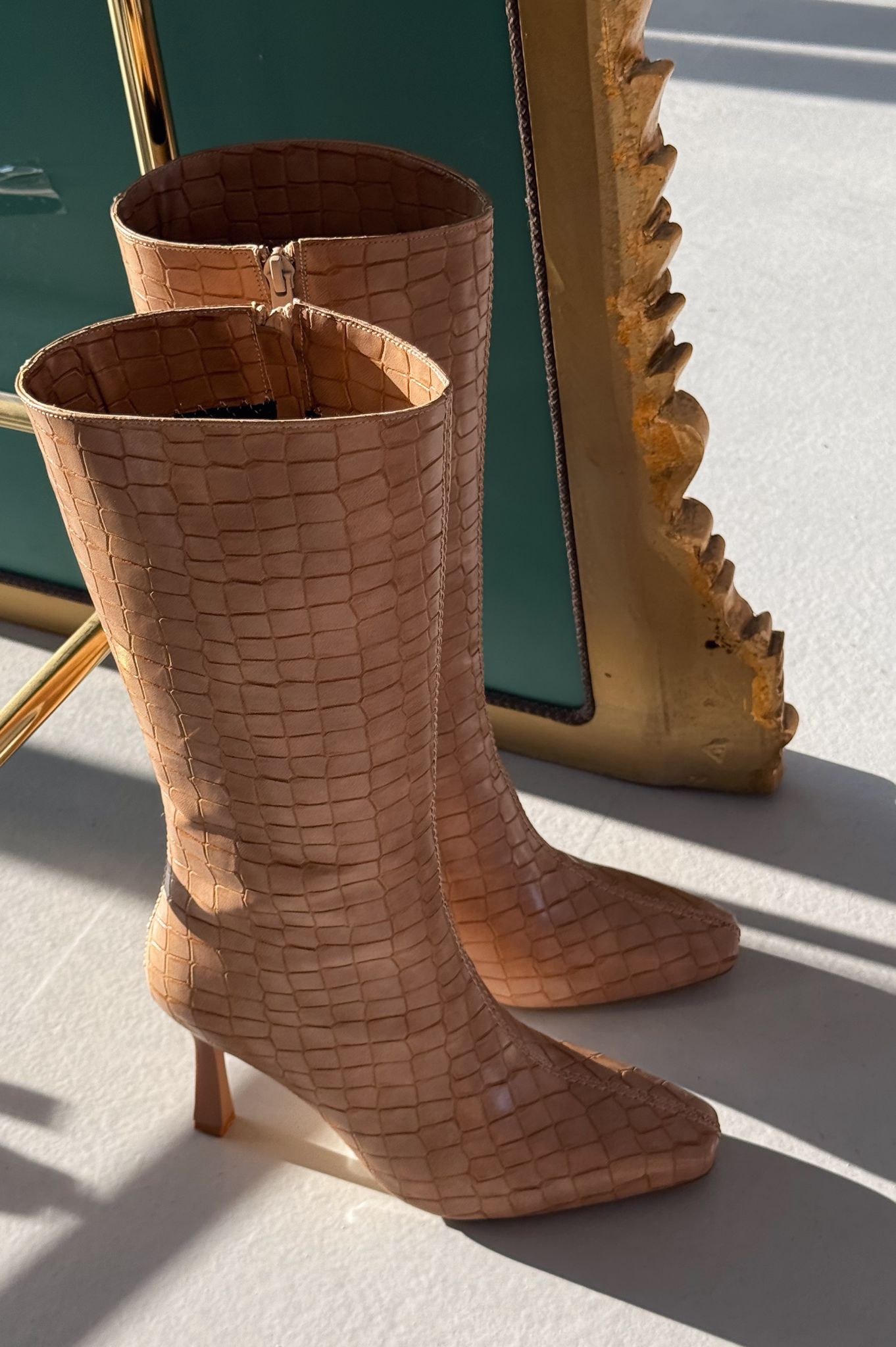 Jorani Nude Faux Leather Embossed High Heel Boots