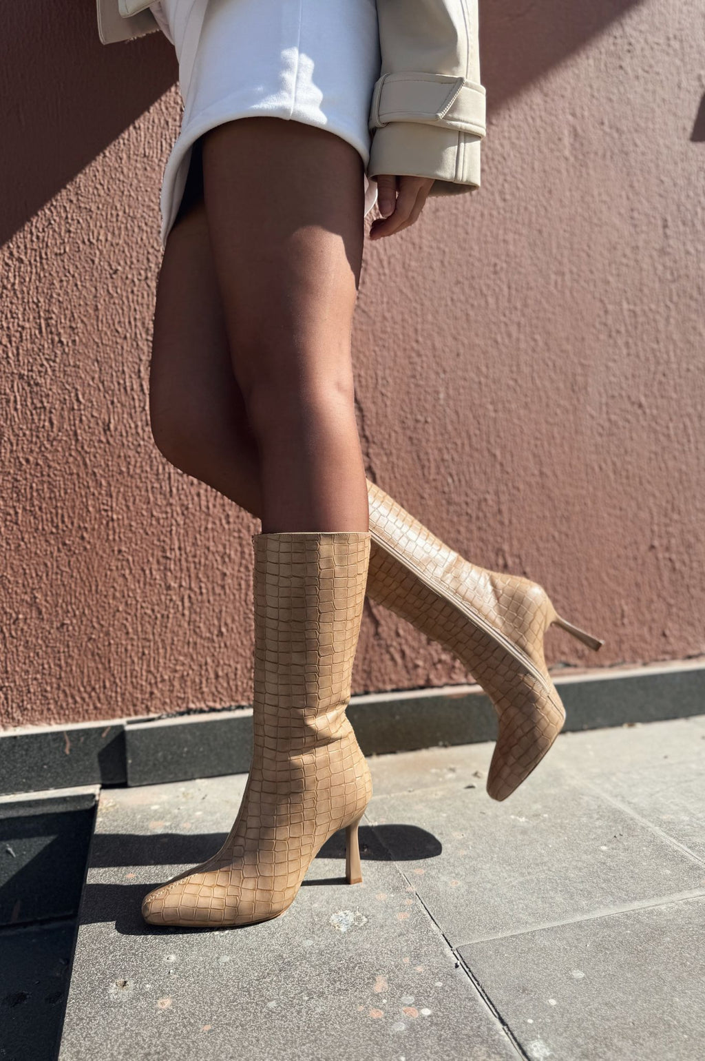 Jorani Nude Faux Leather Embossed High Heel Boots