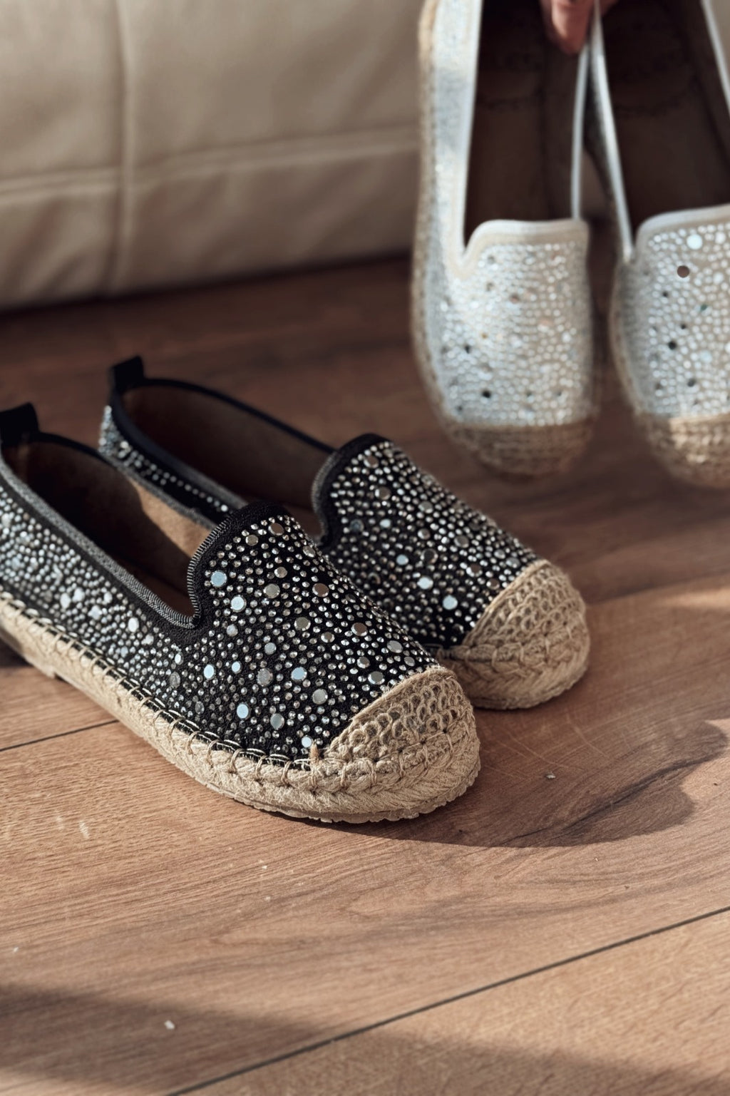 Jorelis Black Suede Stone Embellished Women's Espadrille Loafers