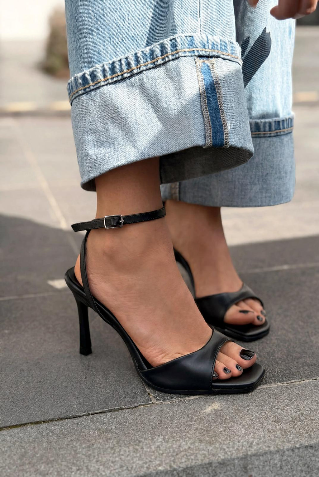 Elvona Black Faux Leather Women's Pumps Sandals