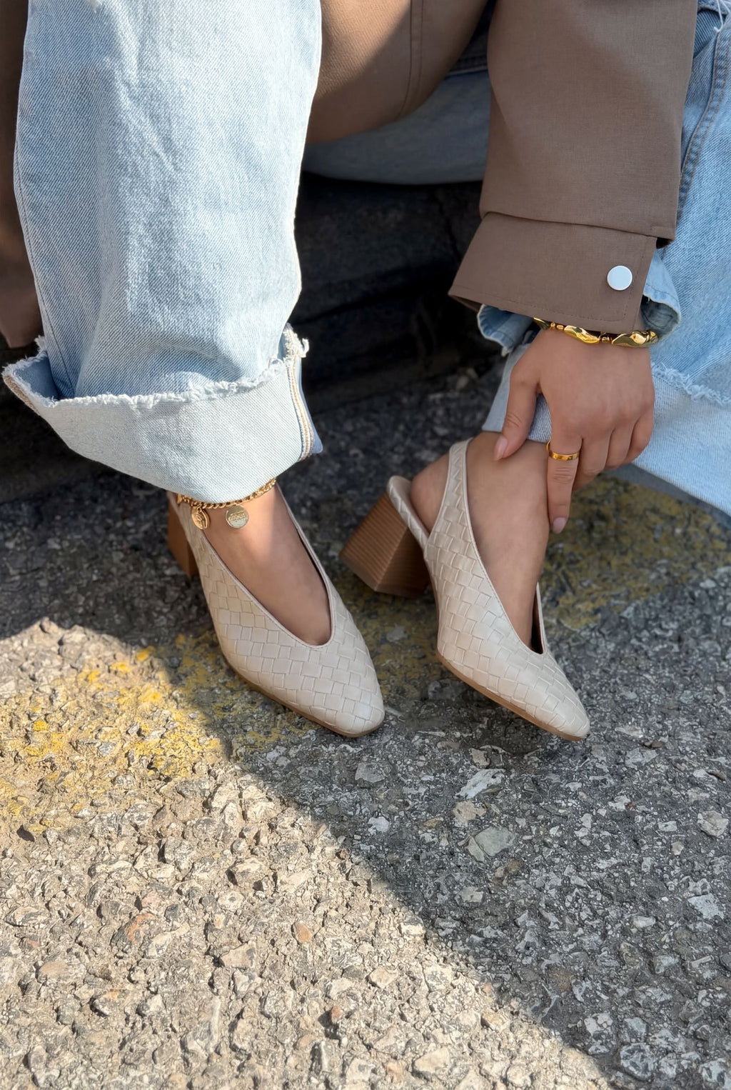 Meladina Beige Woven Pattern Faux Leather Women's Pumps