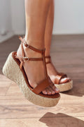 Rowsen Tan Faux Leather Strap Detail Wedge Pumps