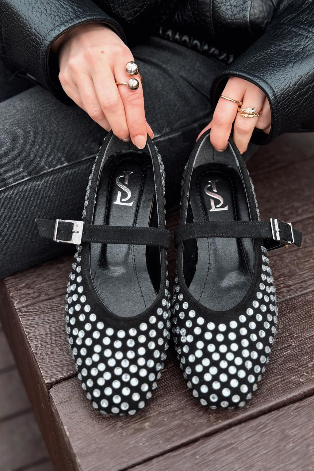 Orion Black Suede Gray Stone Detail Women's Flats