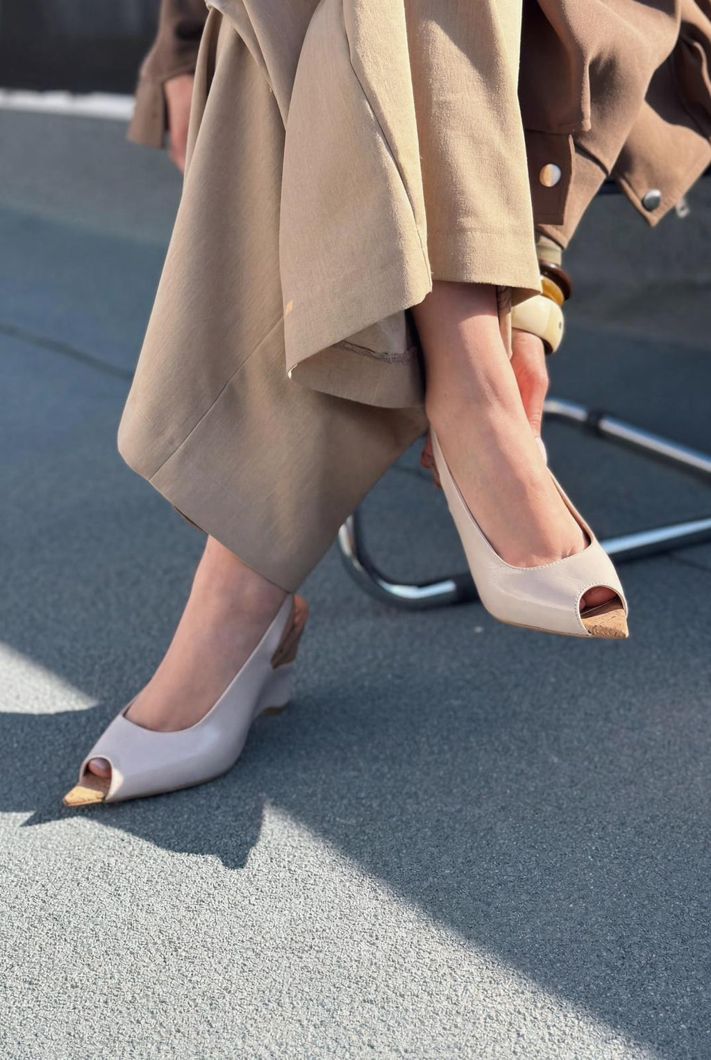 Nerov Beige Crinkled Faux Leather Women's Wedge Heel Sandals