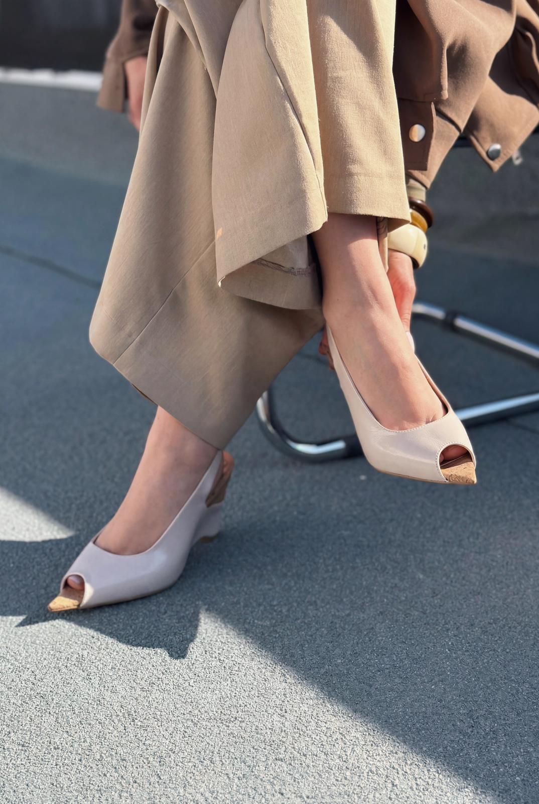 Nerov Beige Crinkled Faux Leather Women's Wedge Heel Sandals