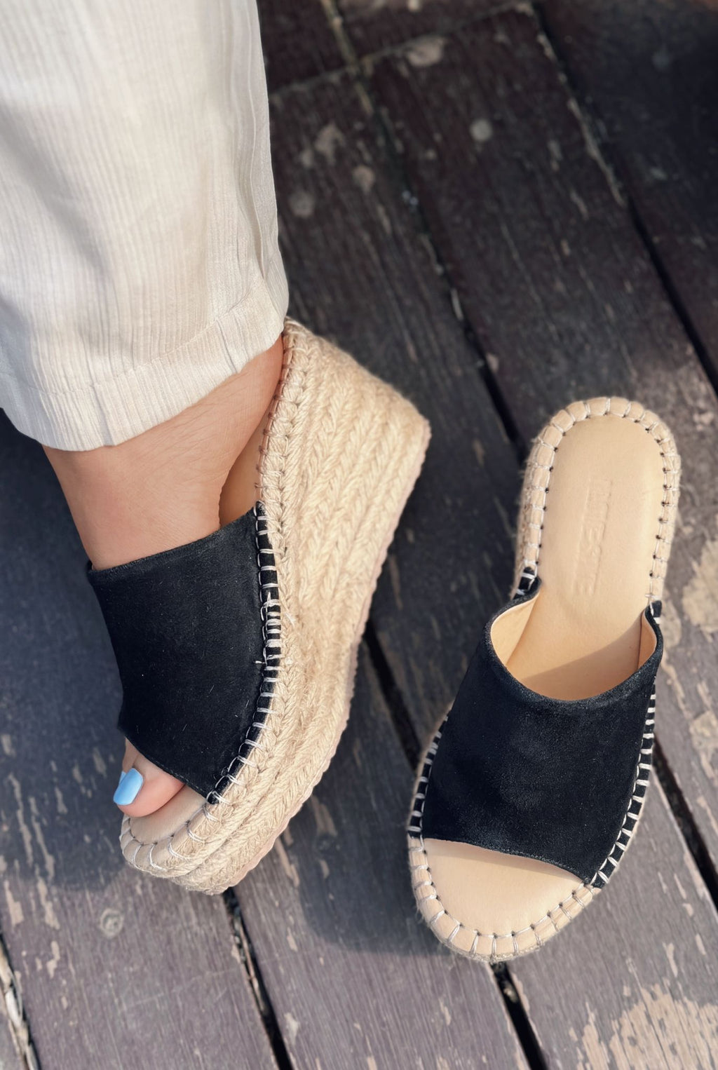 Lorver Black Genuine Suede Women's Wedge Heel Mules