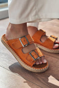 Paxseh Orange Suede Buckle Detail Women's Mules