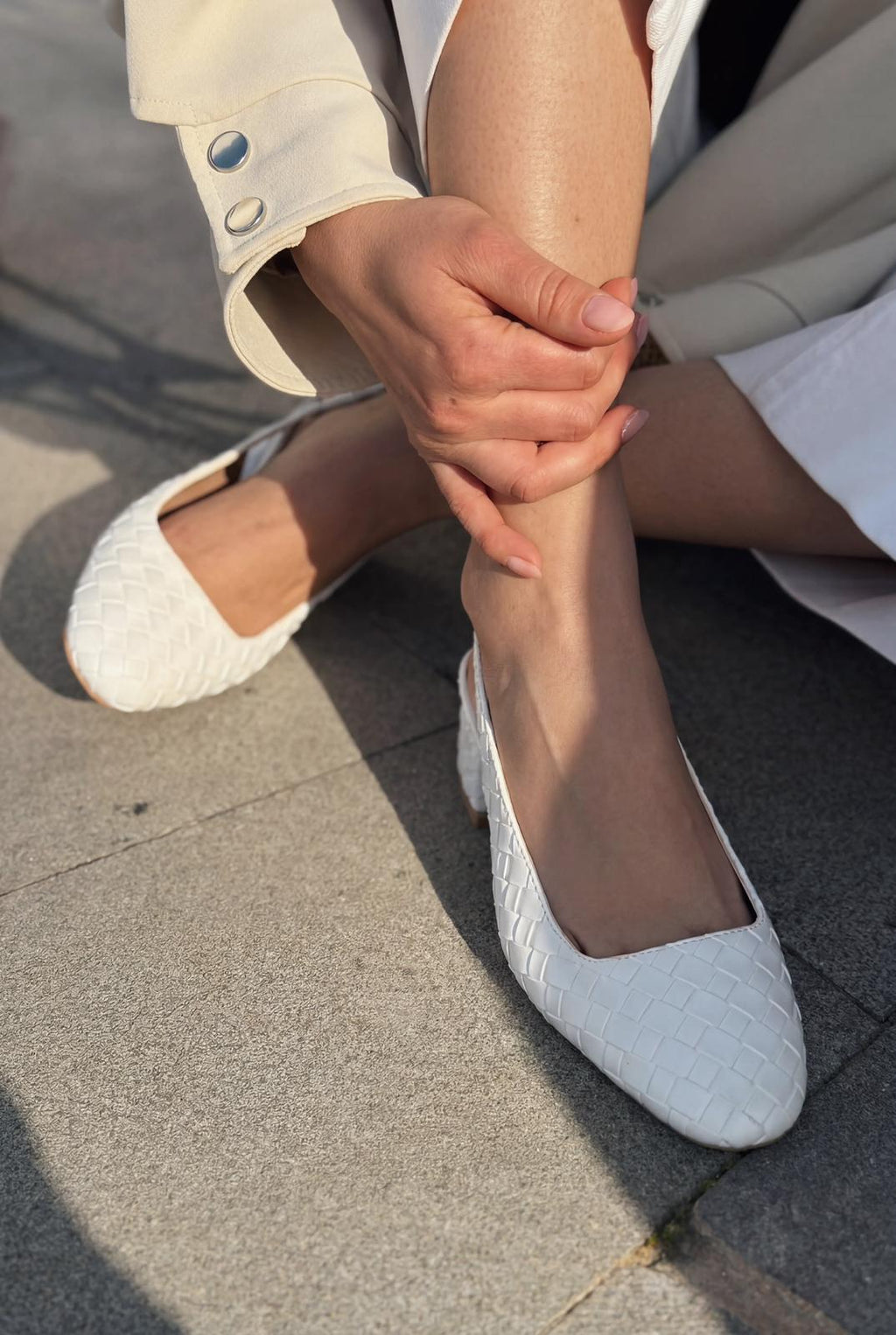 Solen White Faux Leather Woven Detail Women's Mary Jane