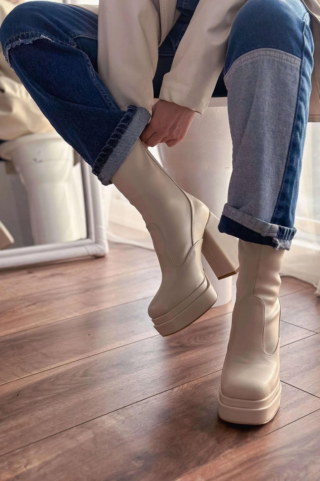 Lestina Beige Stretch Faux Leather Women's Boots