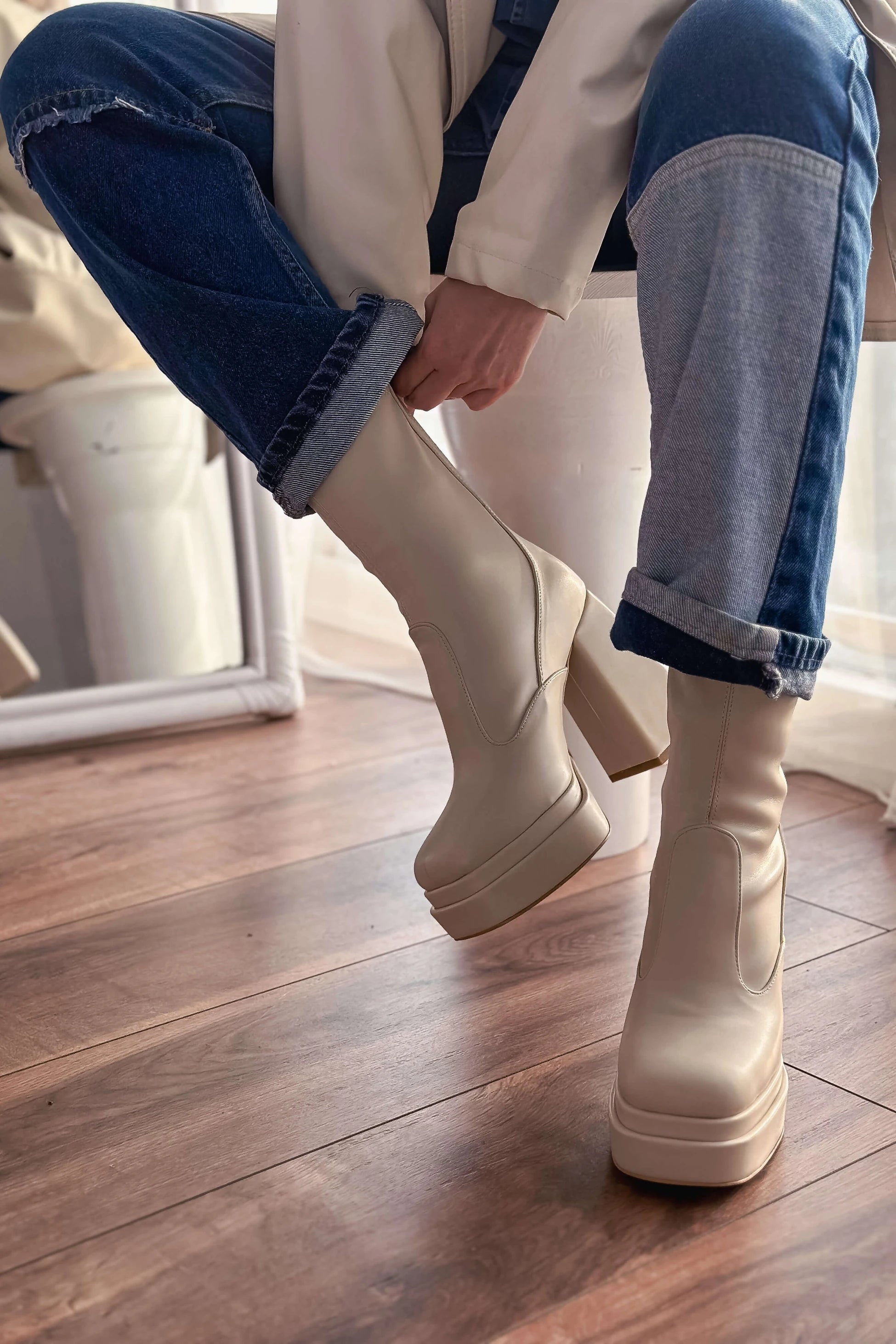 Lestina Beige Stretch Faux Leather Women's Boots