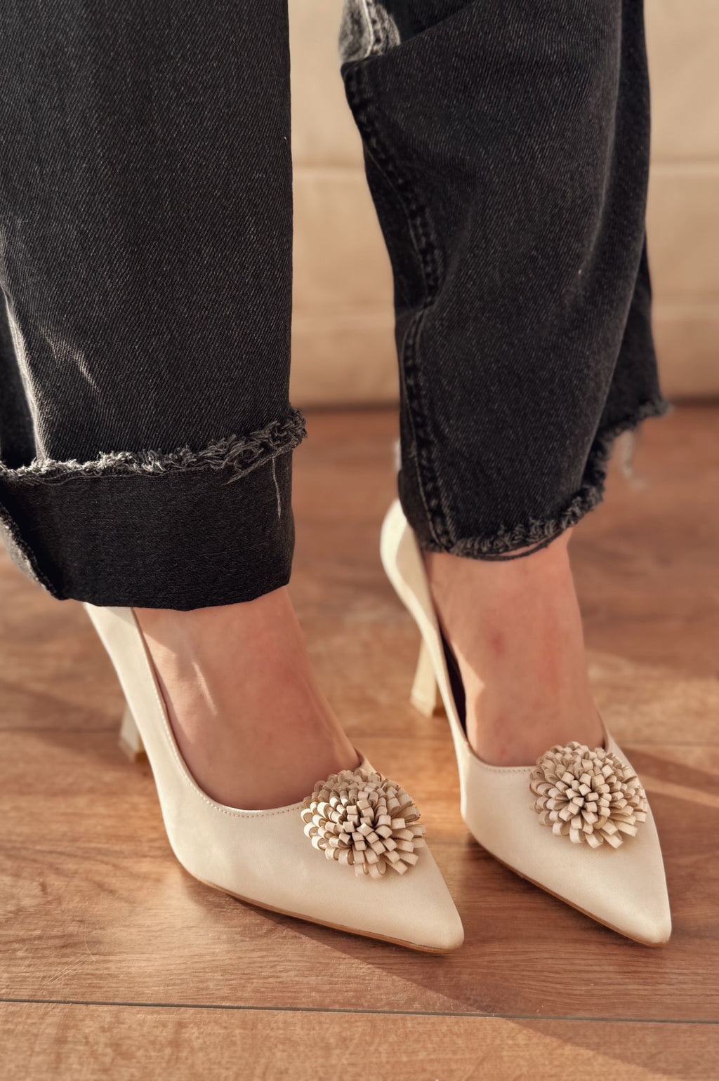 Fovira Beige Satin Women's Stilettos