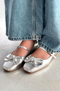 Ratins Silver Crinkle Faux Leather Bow Detail Women's Flats