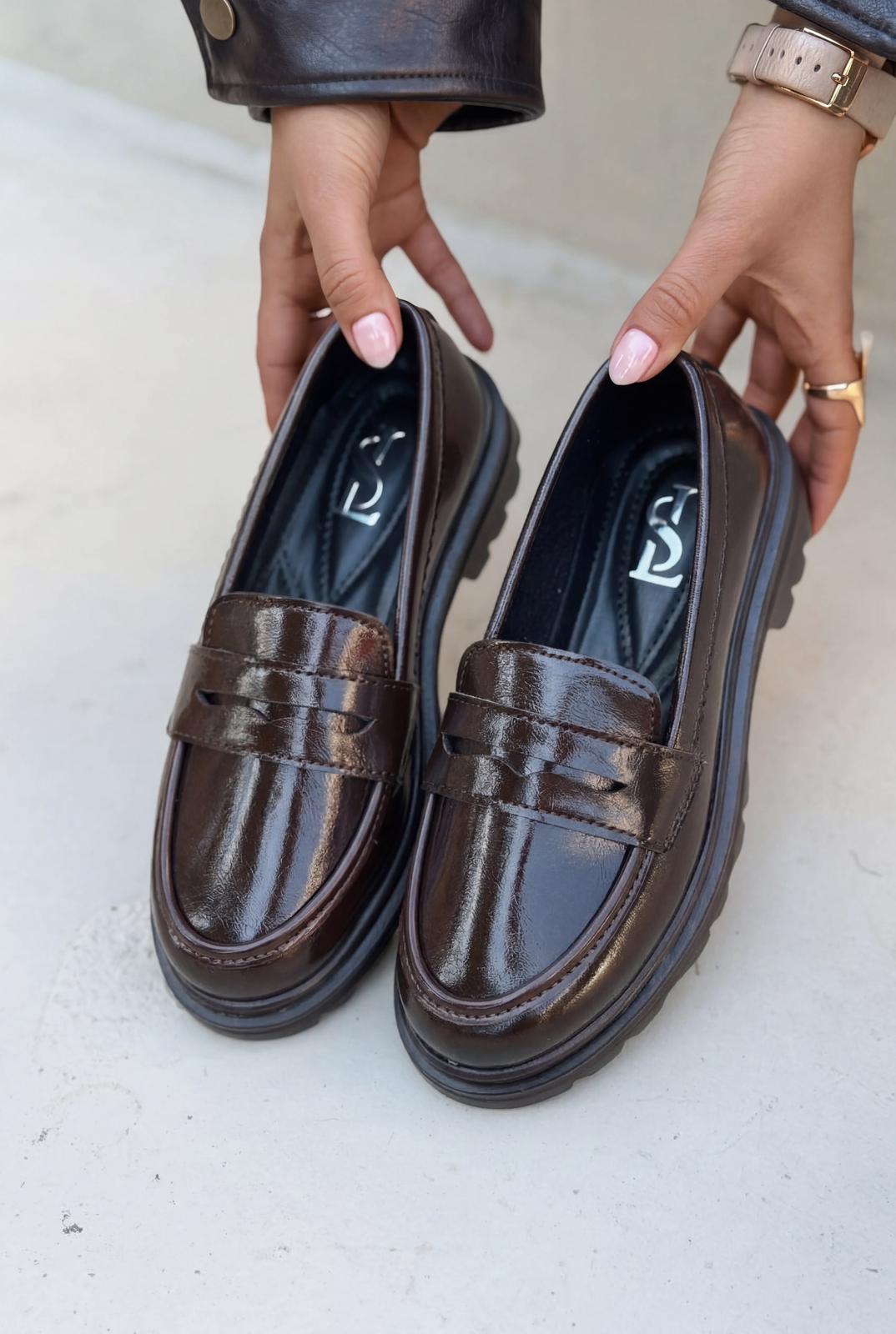 Kastrel Dark Brown Crinkle Patent Faux Leather Women's Loafers
