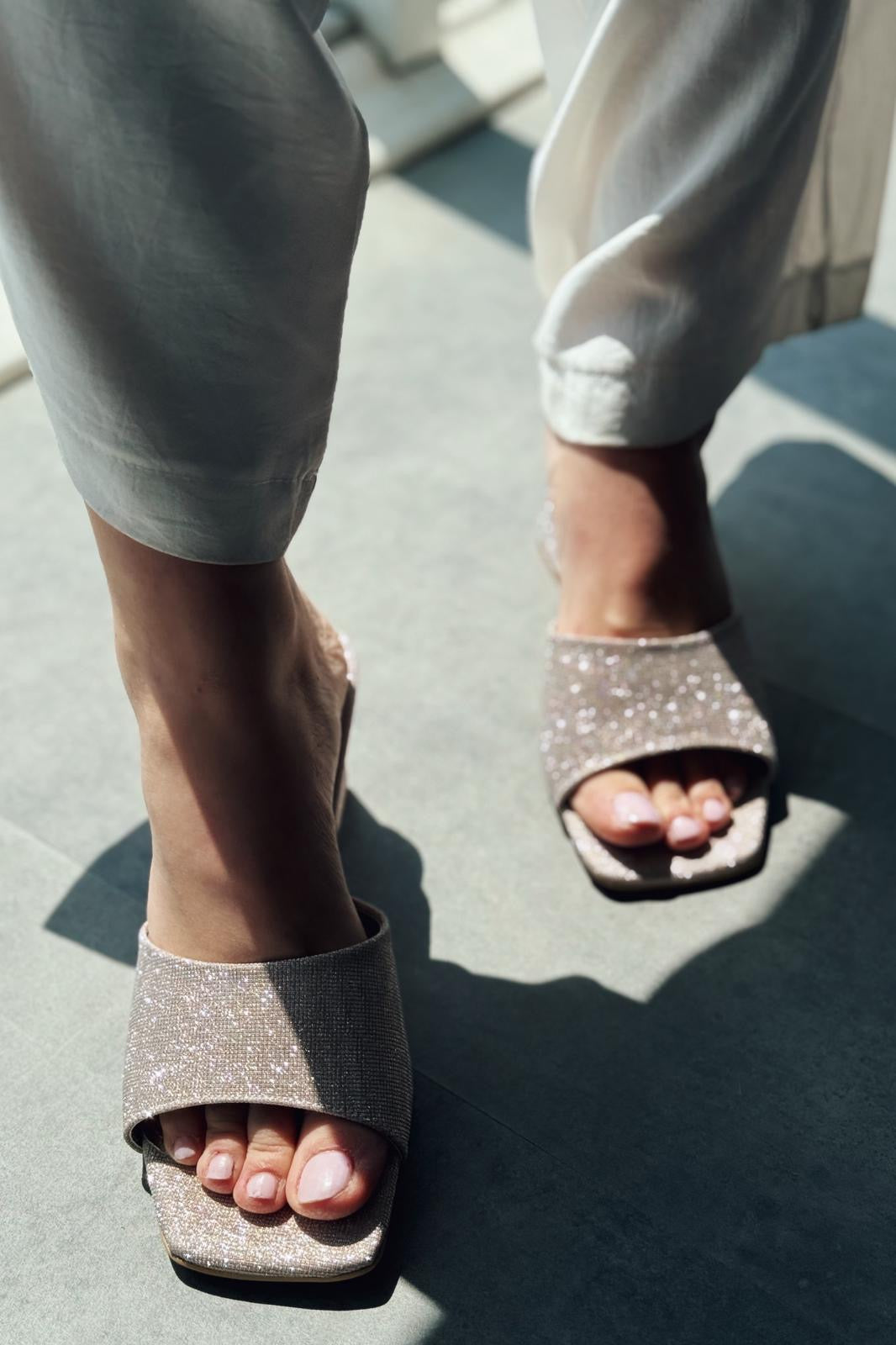 Vesso Gold Textile Block Heel Mules