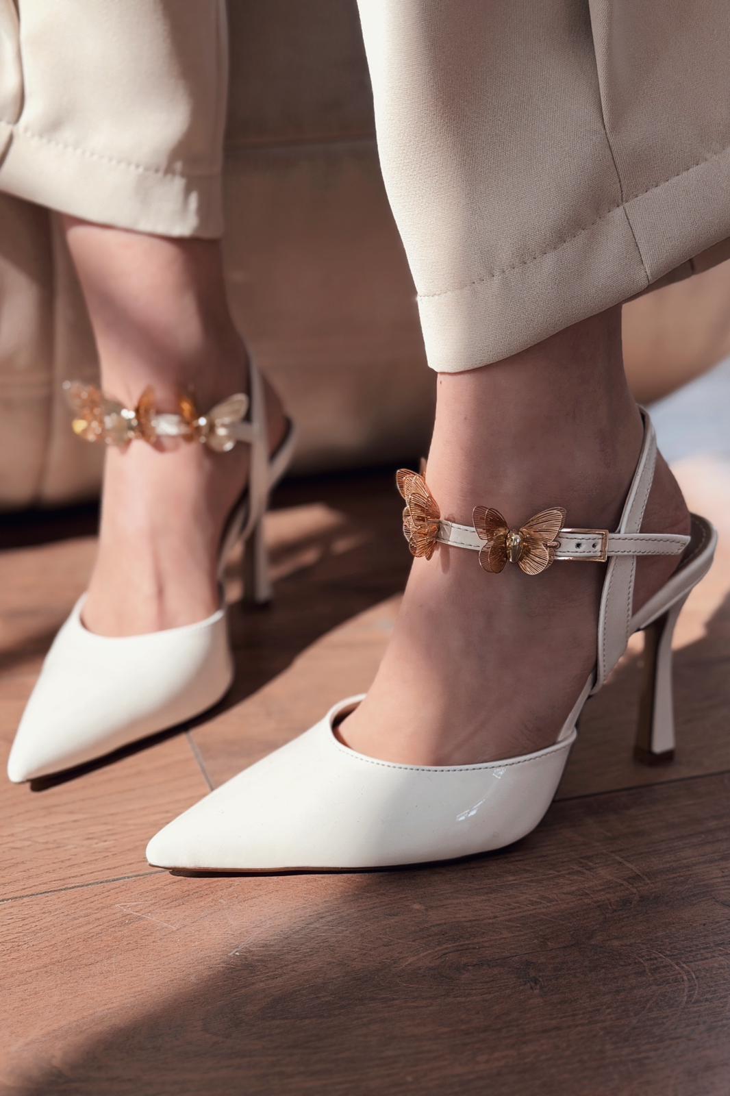 Senar White Patent Faux Leather Women's Stilettos Butterfly Detail