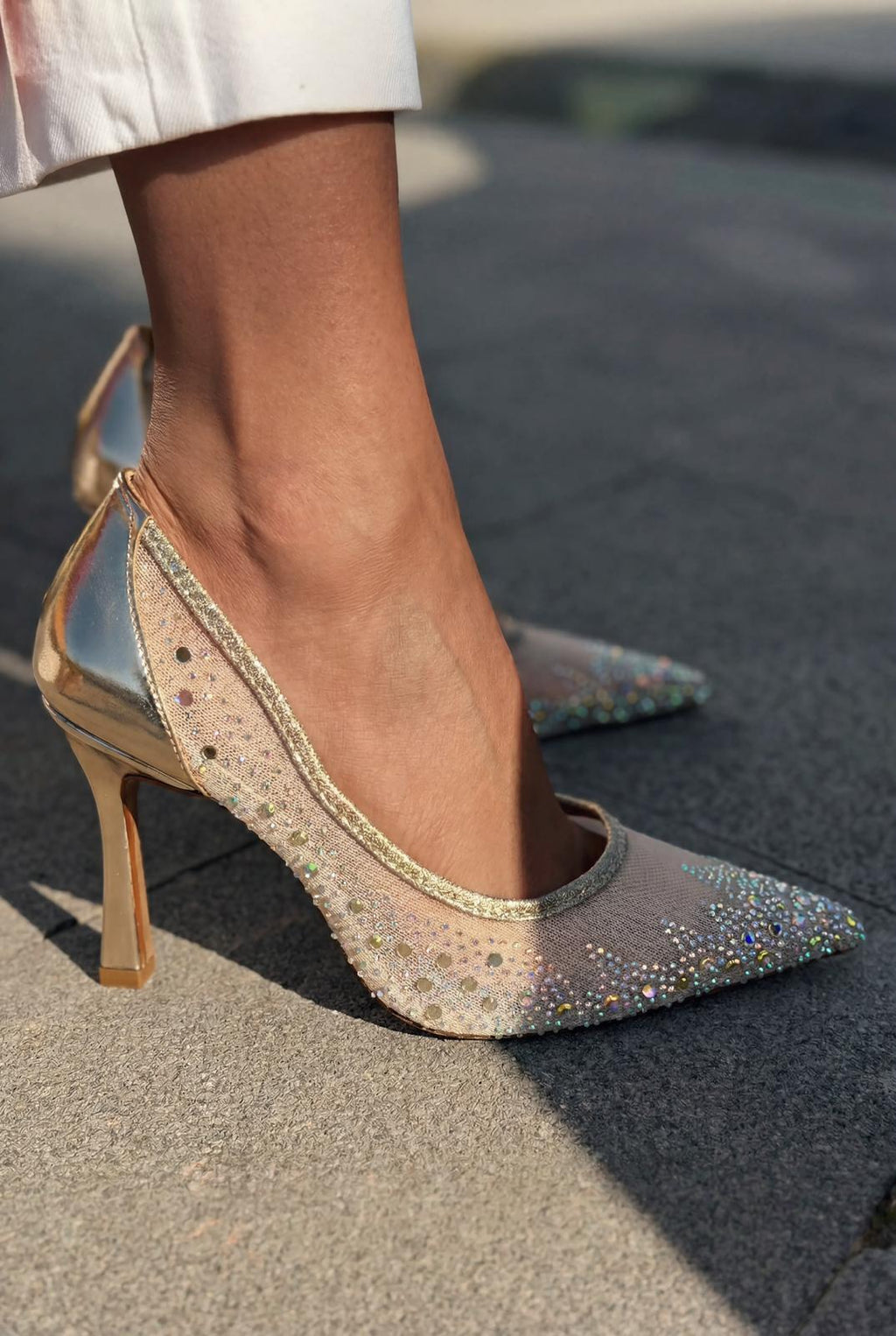 Arivelle Gold Crystal Textile Women's Stilettos