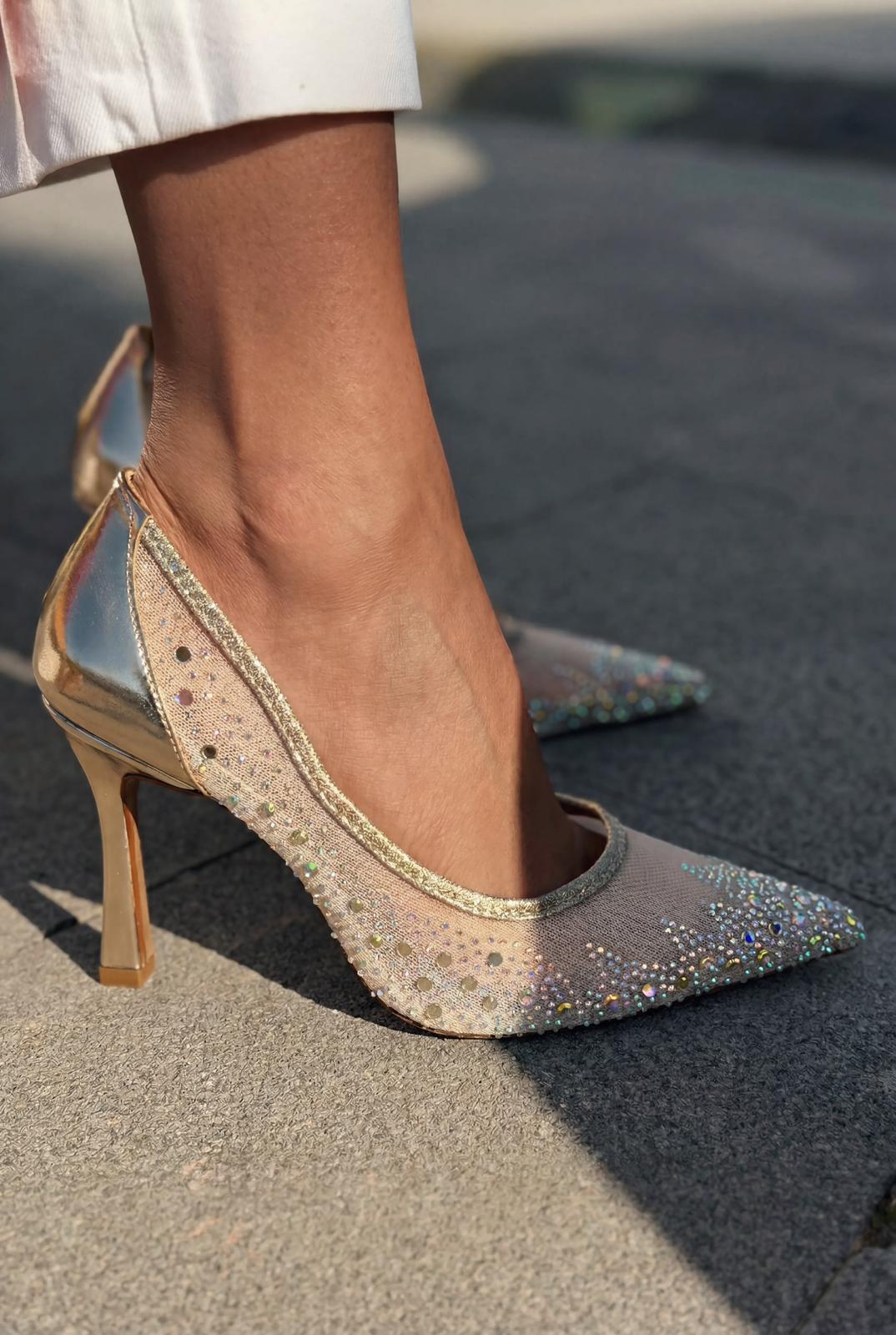 Arivelle Gold Crystal Textile Women's Stilettos