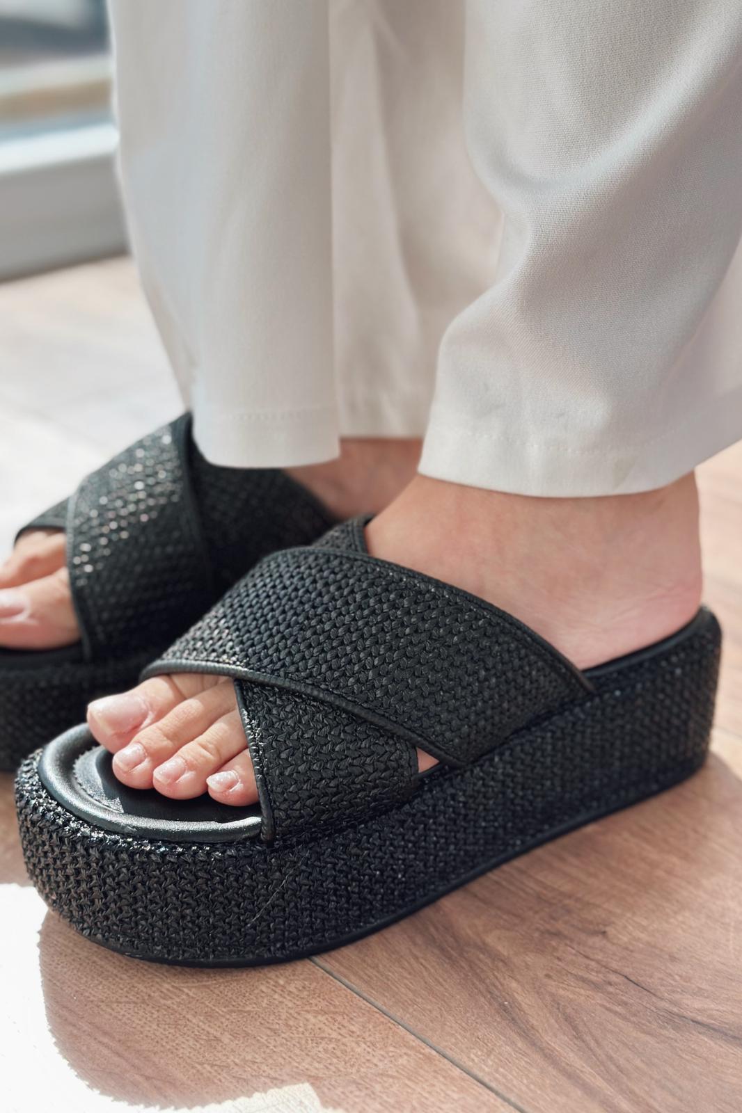 Redans Black Cross Strap Raffia Women's Slides