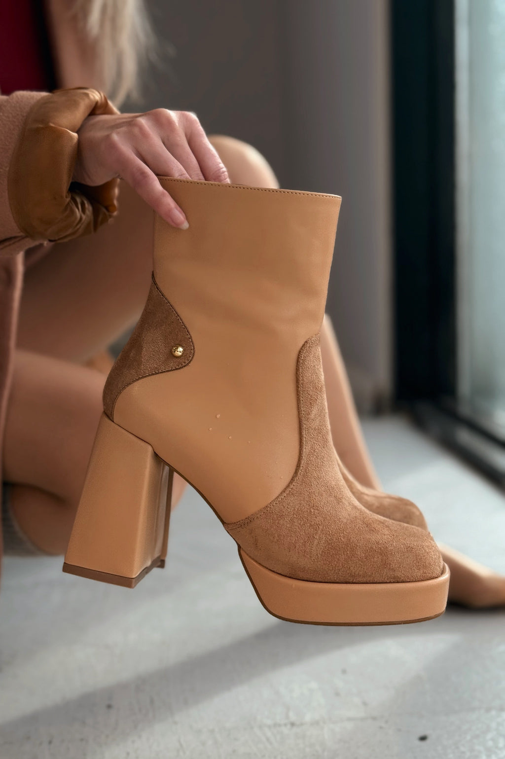 Olexsa Nude Faux Leather High Heel Women's Boots