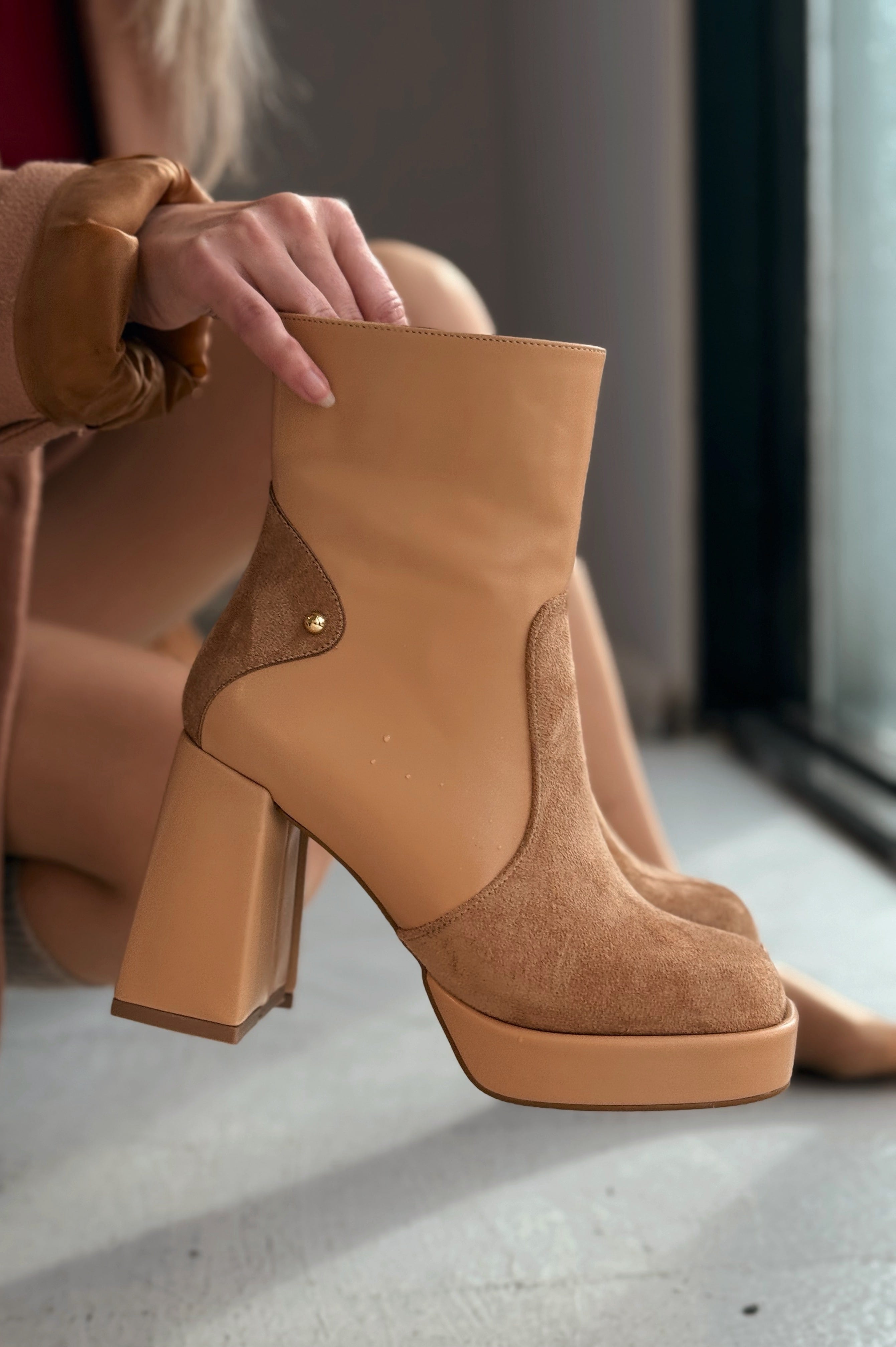 Olexsa Nude Faux Leather High Heel Women's Boots