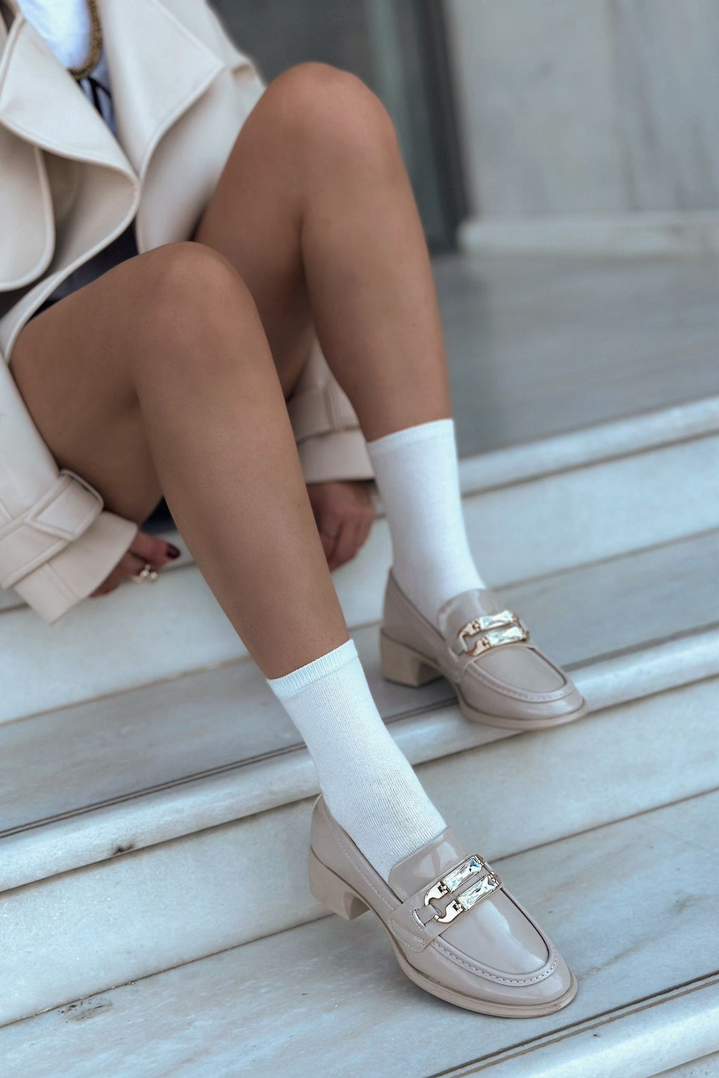 Sabella Beige Patent Faux Leather Embellished Women's Loafers