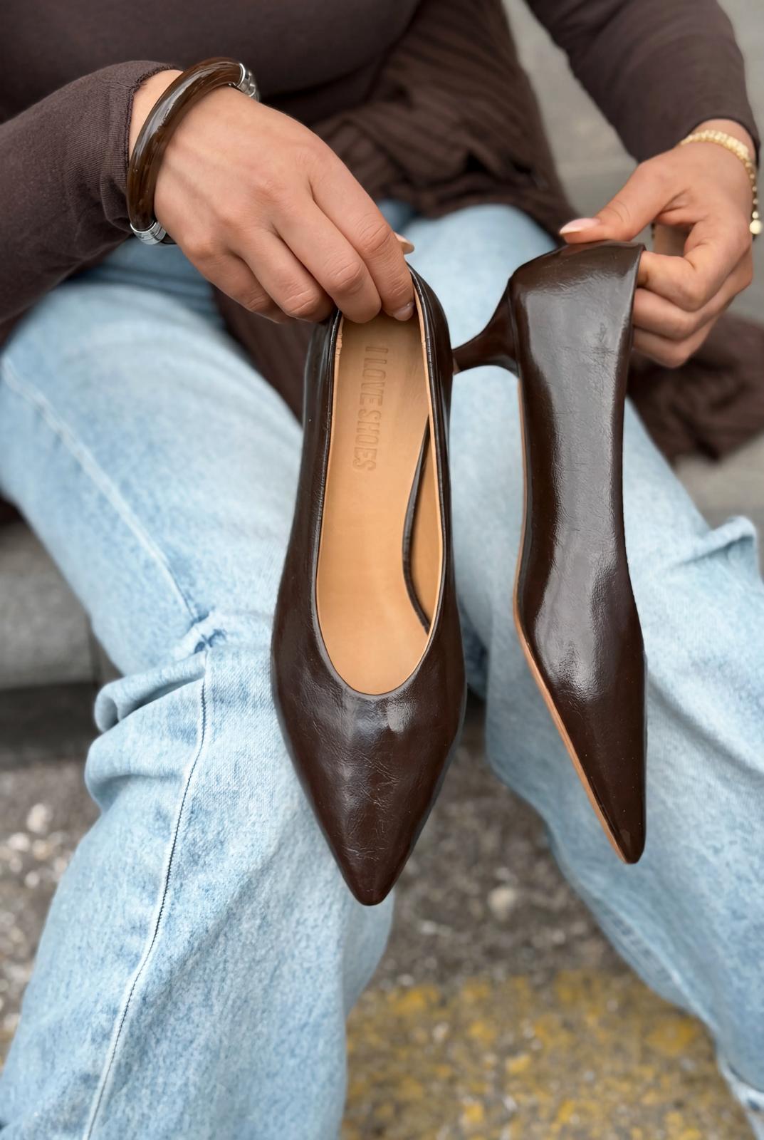Seranis Light Brown Crinkle Patent Leather Stilettos