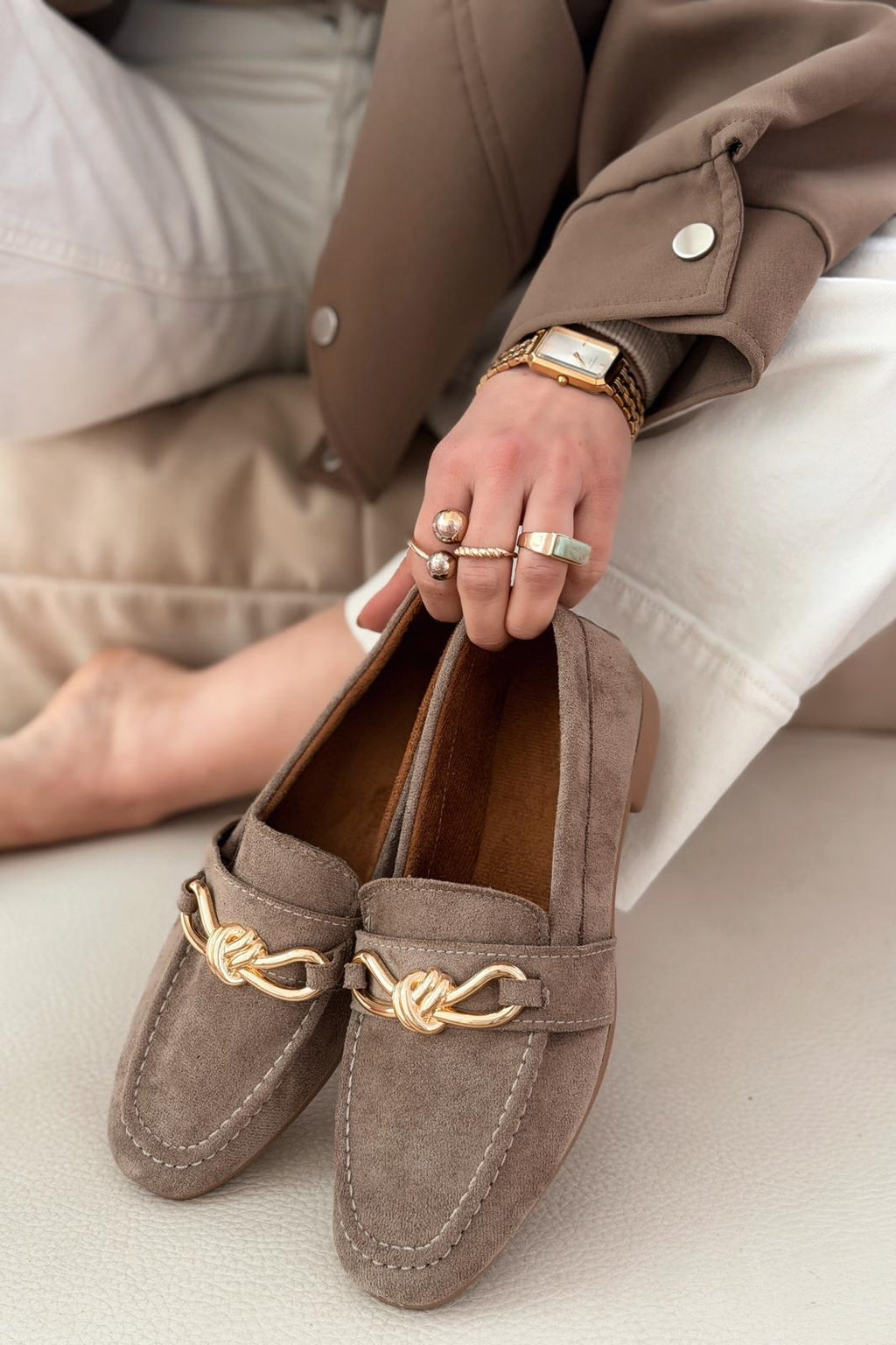 Avelis Taupe Suede Bow Detail Women's Loafers