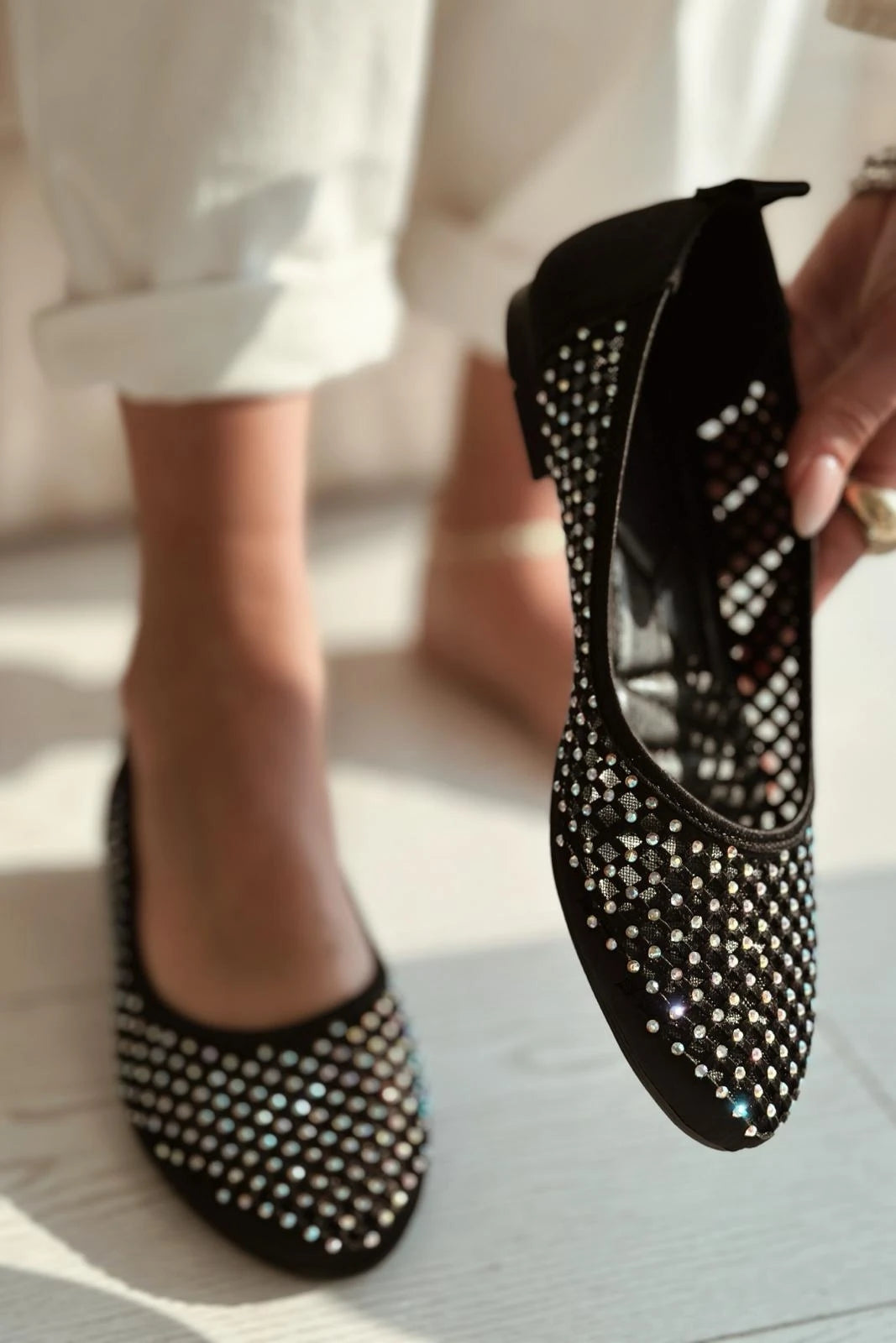 Ronetta Black Satin Crystal Embellished Women's Flats
