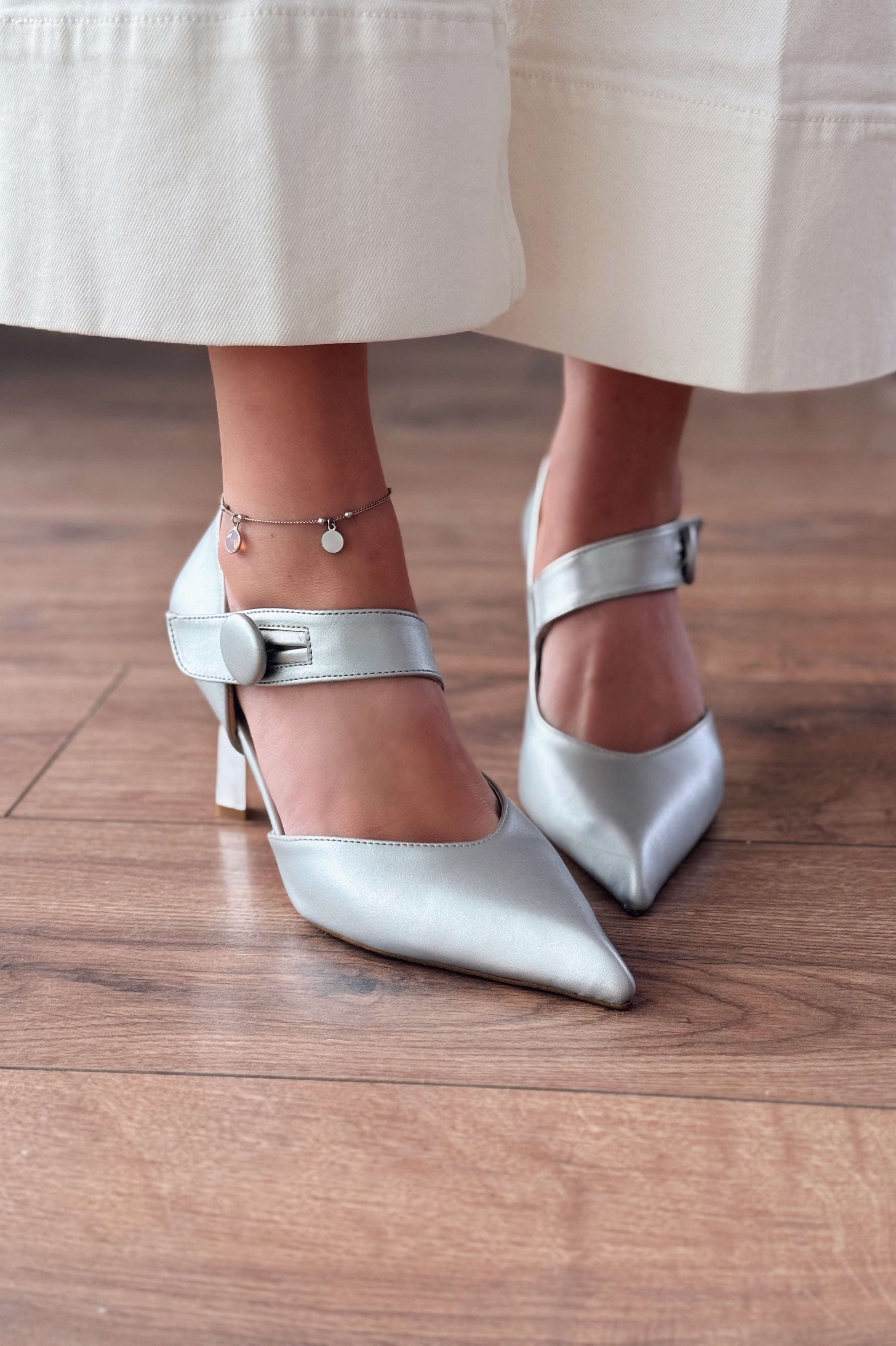 Wasord Silver Button Detail Faux Leather Women's Stilettos