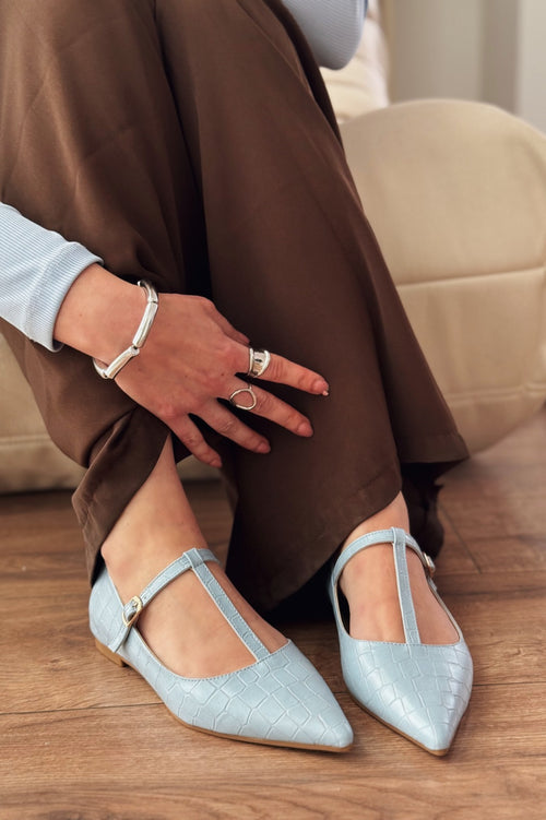 Cormel Baby Blue Faux Leather Croc-Embossed Women's Flats
