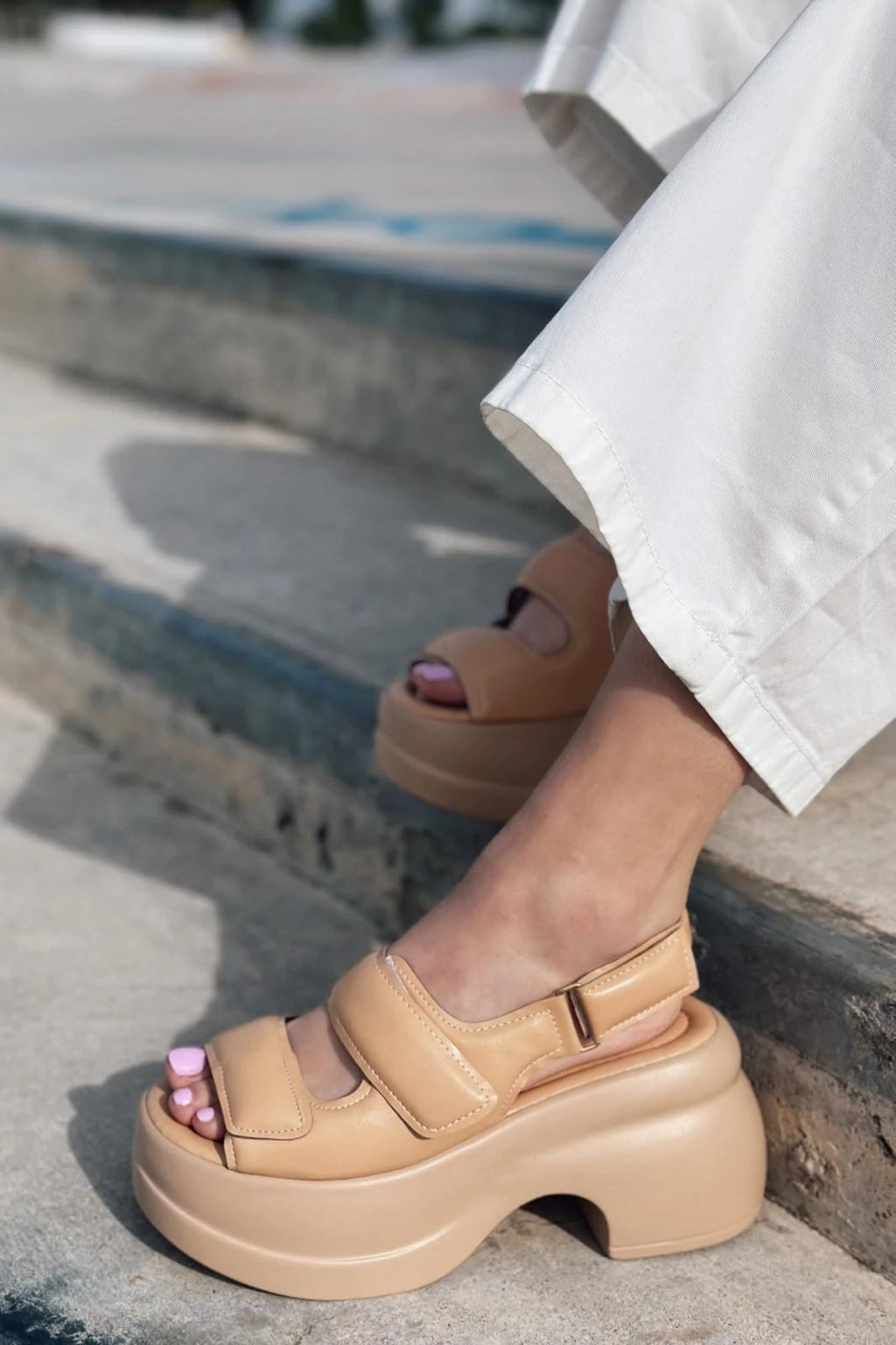 Mogres Nude Faux Leather Velcro Platform Women's Sandals