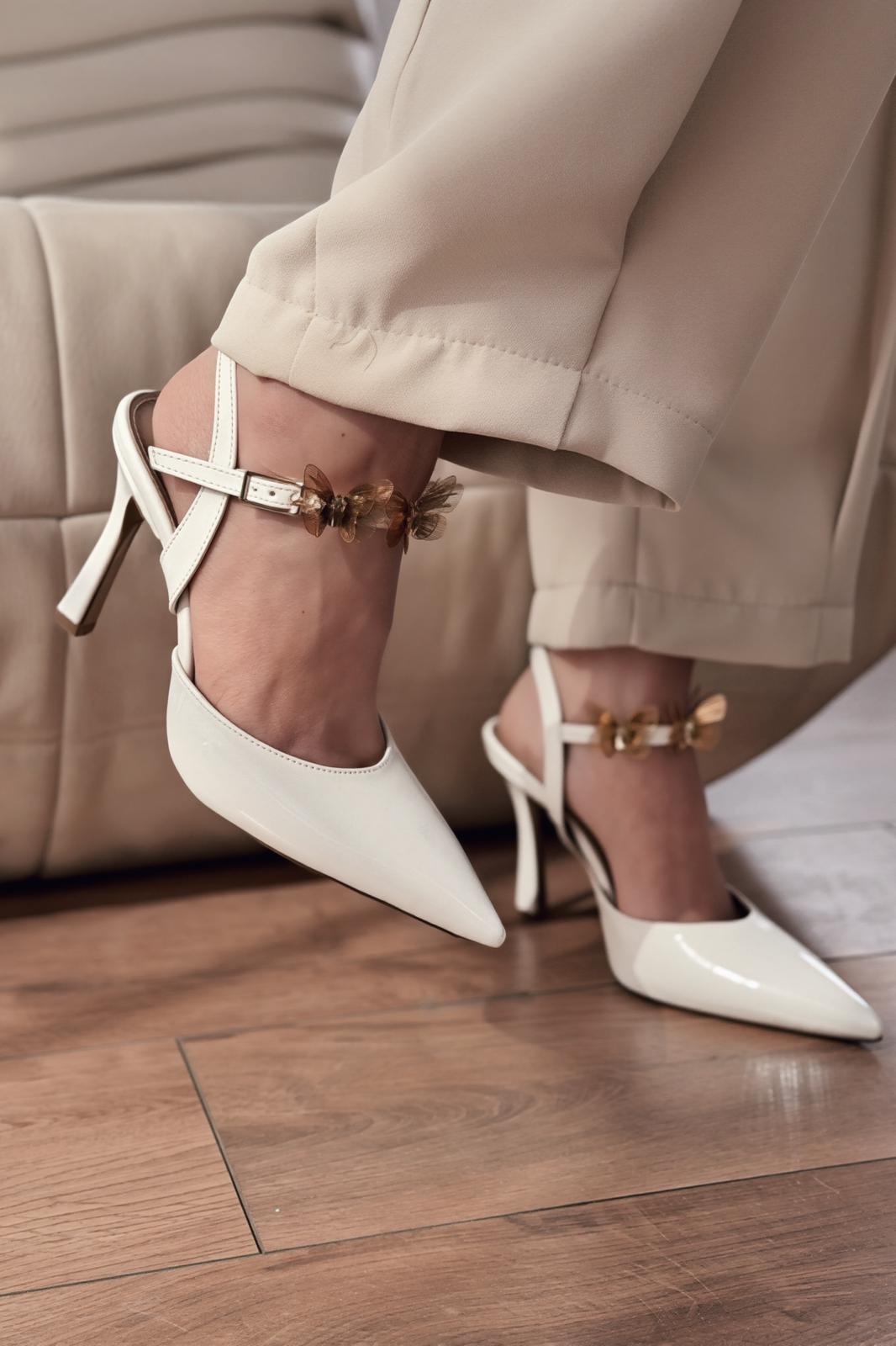 Senar White Patent Faux Leather Women's Stilettos Butterfly Detail