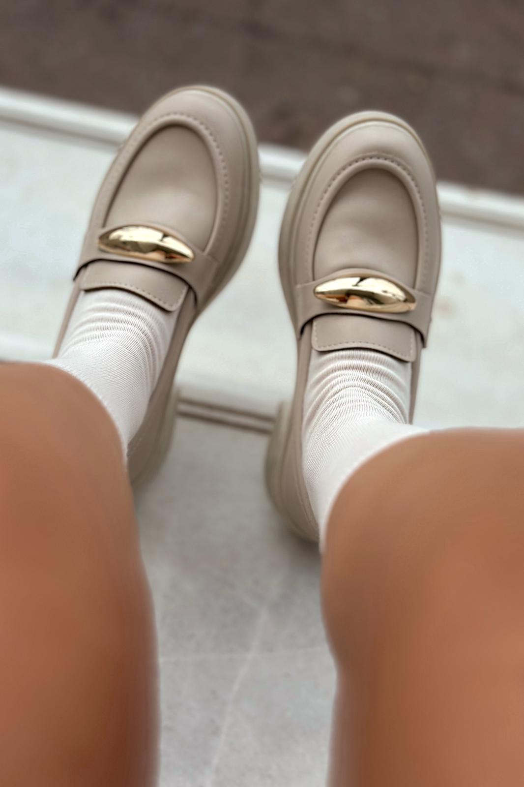Ravilla Beige Faux Leather Buckle Detail Women's Loafers