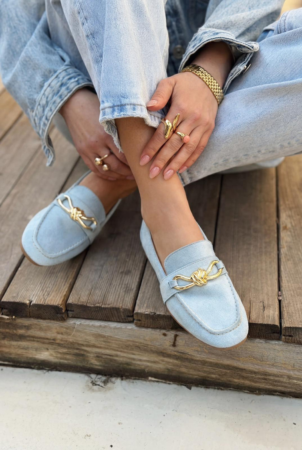 Avelis Baby Blue Suede Bow Detail Women's Loafers