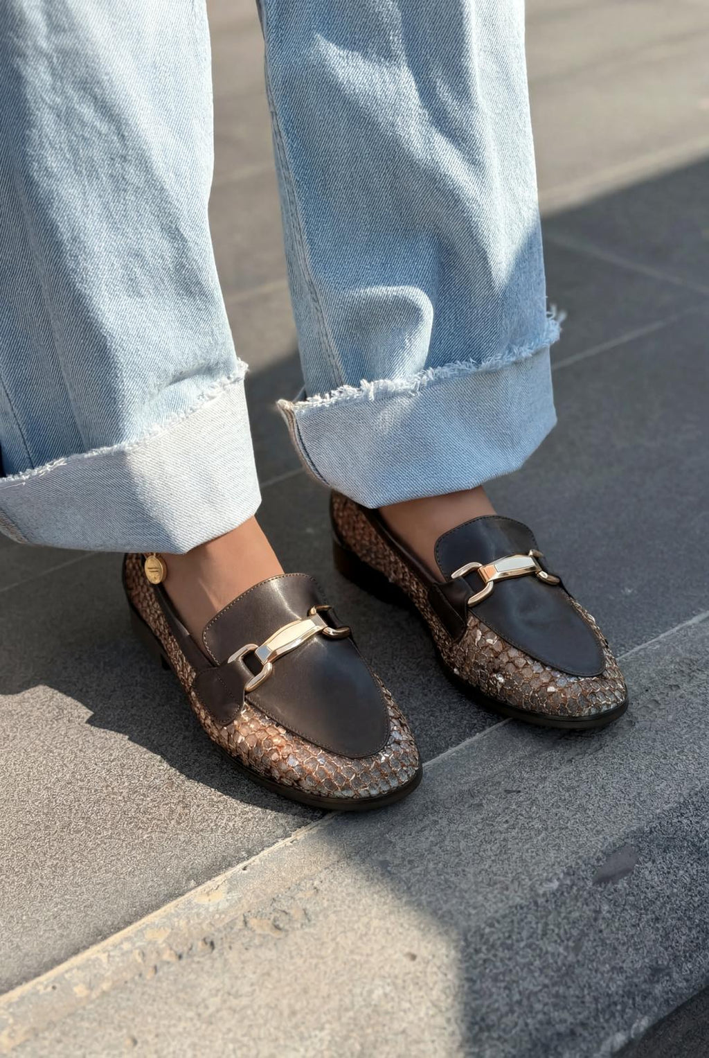 Delter Dark Brown Faux Leather Mesh Women's Loafers