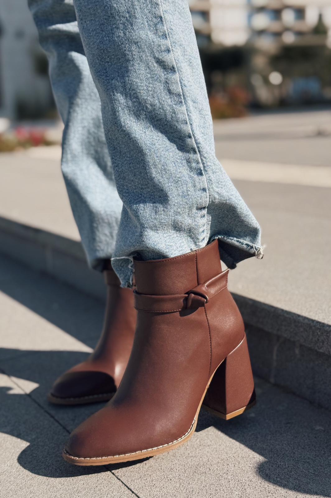 Oxsend Dark Brown Faux Leather Bow Detail Pumps Boots