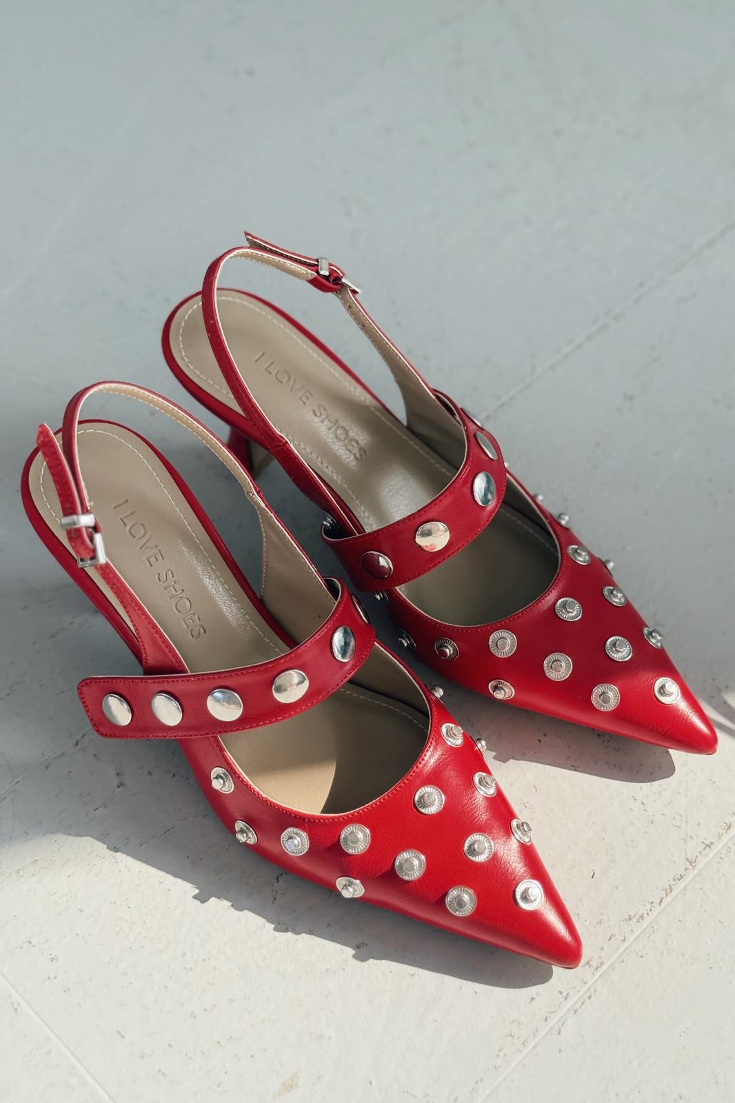 Selorin Red Faux Leather Studded Women's Stilettos
